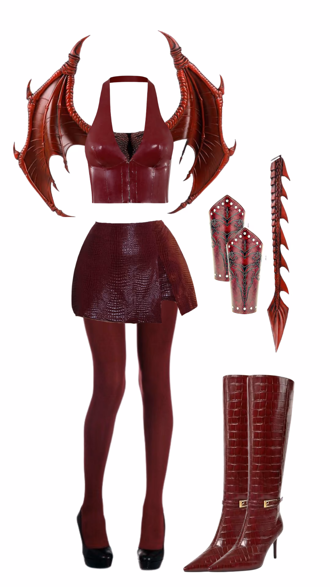 Dragon-inspired Halloween costume with maroon dragon-scale corset top, red dragon wings, croc-textured mini skirt, arm guards, dragon tail, and knee-high boots