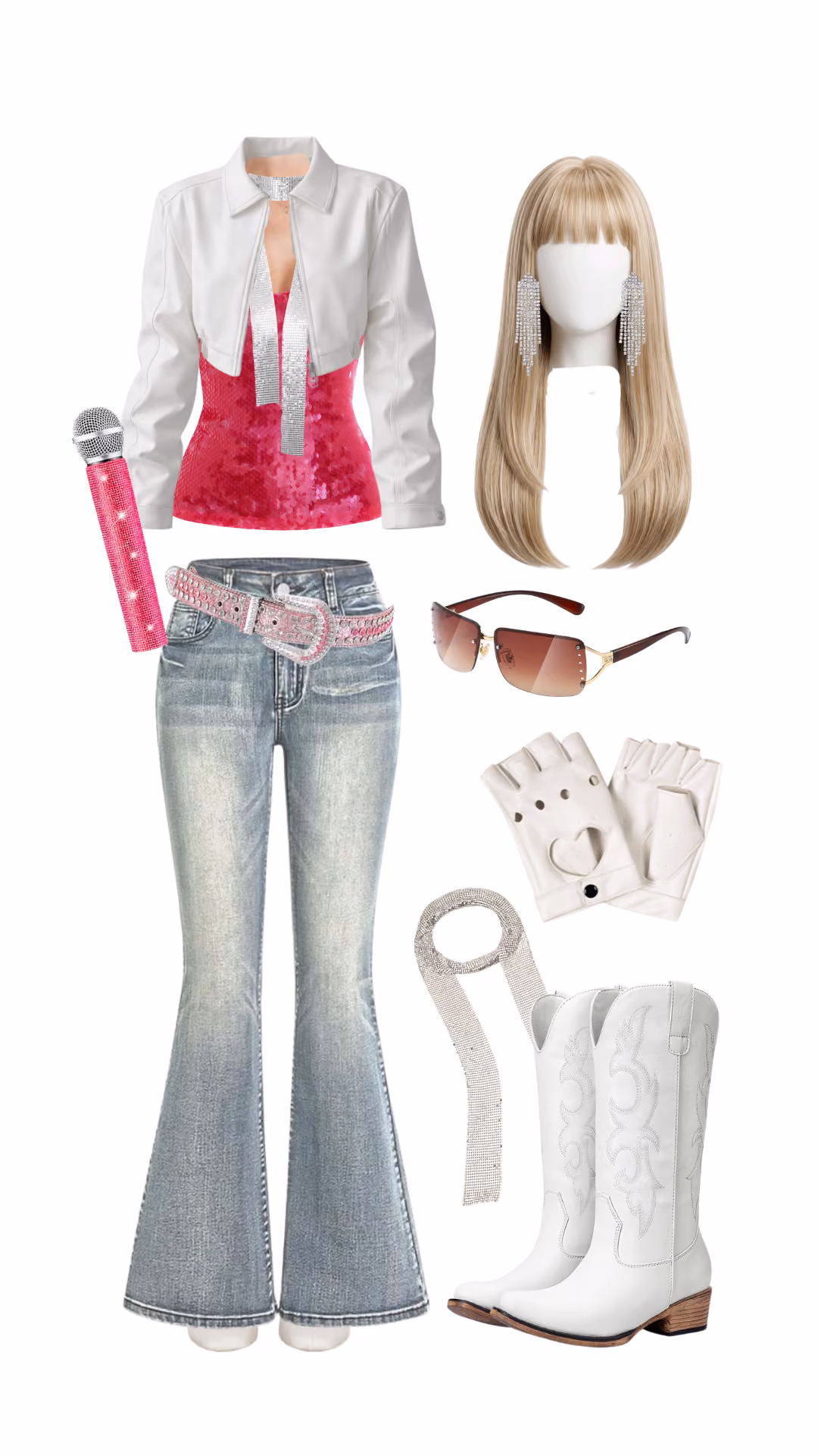 Hannah Montana-inspired Halloween costume with white cropped jacket, pink sequin top, flared denim jeans, rhinestone belt, blonde wig, and white cowboy boots