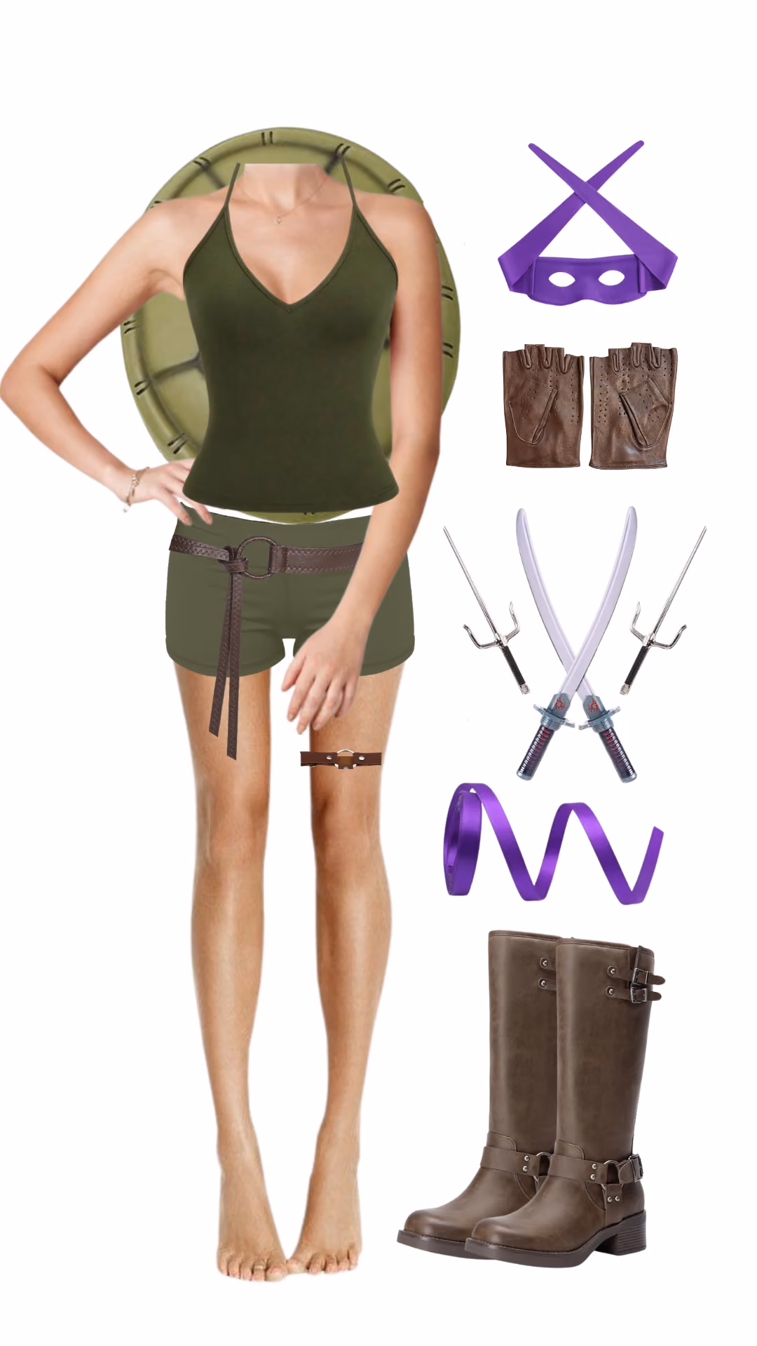 Ninja Turtle Halloween costume with olive tank top and shorts, turtle shell backpack, purple eye mask, fingerless gloves, and twin ninja swords