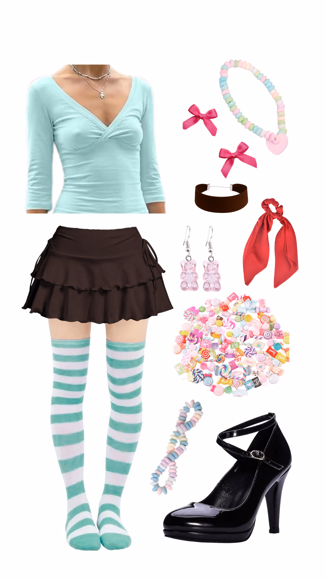 Vanellope von Schweetz-inspired Halloween costume with mint wrap top, brown ruffled mini skirt, mint and white striped thigh-high socks, and candy-themed jewelry
