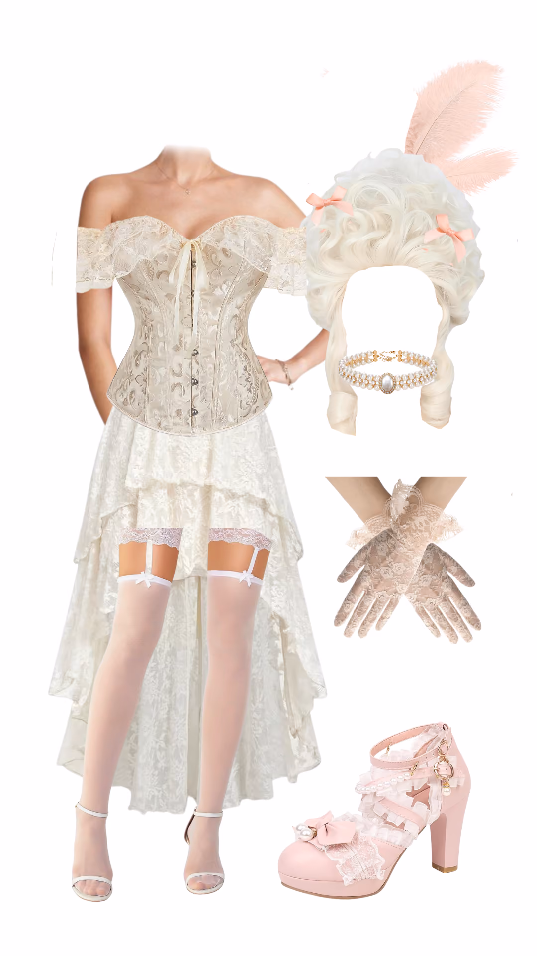 Marie Antoinette-inspired Halloween costume with ivory off-shoulder lace corset, high-low lace skirt, pink ostrich feather wig, blush lace gloves, and pink pearl-embellished heels