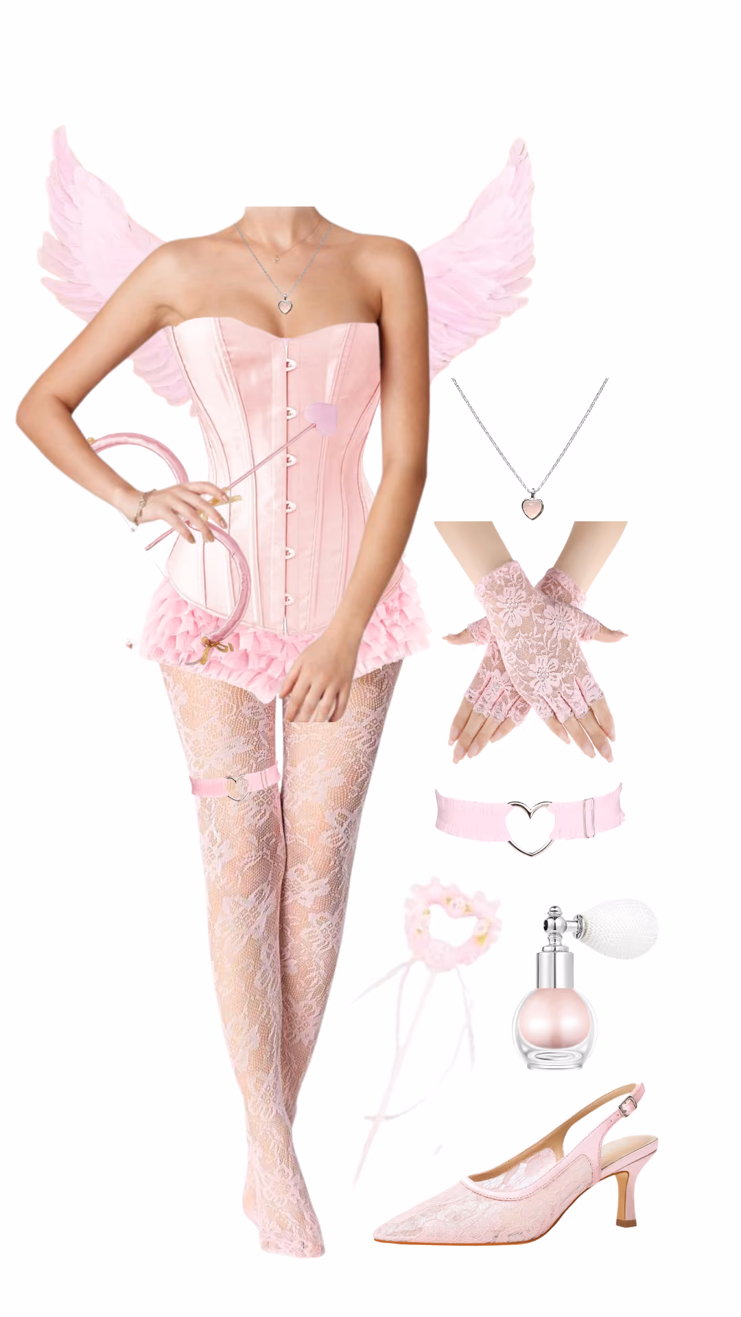 Pink Cupid Halloween costume with pink satin corset, pink feather wings, bow and arrow prop, lace stockings, and pink lace gloves