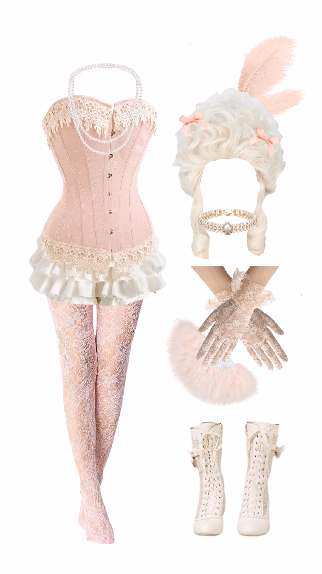 Marie Antoinette-inspired Halloween costume with blush pink corset, cream lace trim, ruffled tulle skirt, pink ostrich feather wig with pearl tiara, lace gloves with pink fur cuffs, and ivory lace-up boots