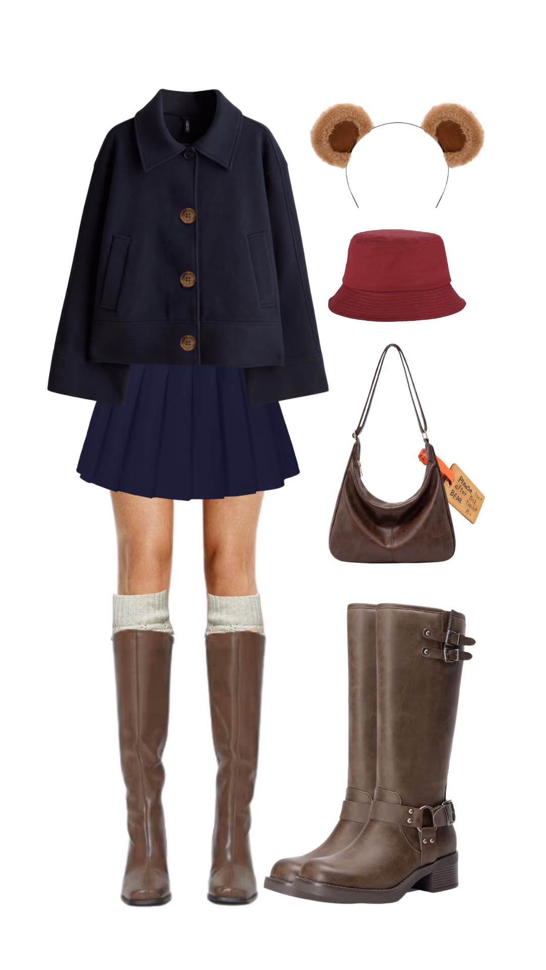 Paddington Bear-inspired Halloween costume with navy pea coat, bear ear headband, burgundy bucket hat, brown satchel bag, and brown knee-high boots