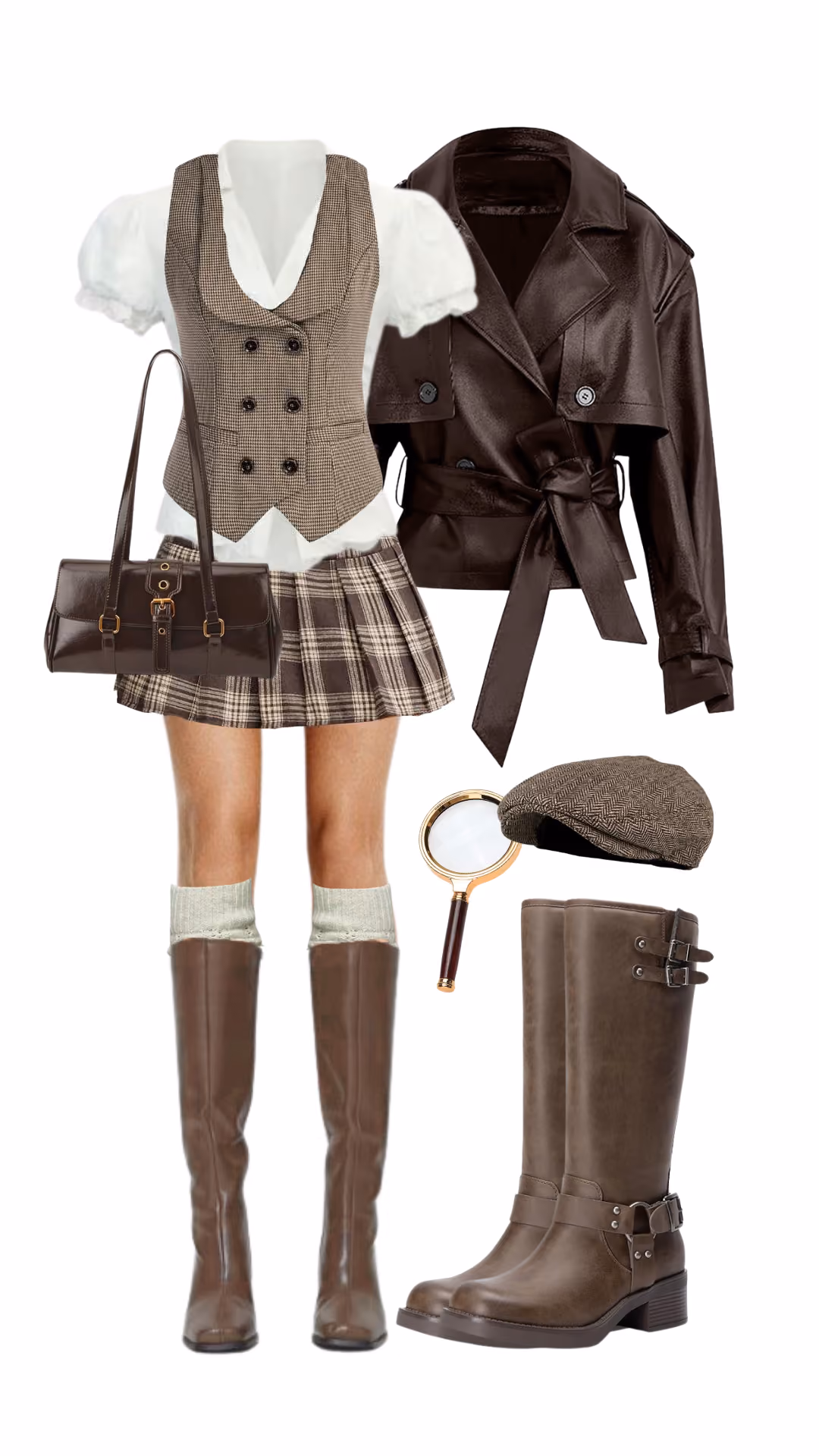 Detective-inspired Halloween costume with tweed double-breasted vest, white puff-sleeve blouse, plaid pleated skirt, brown trench jacket, newsboy cap, and knee-high boots