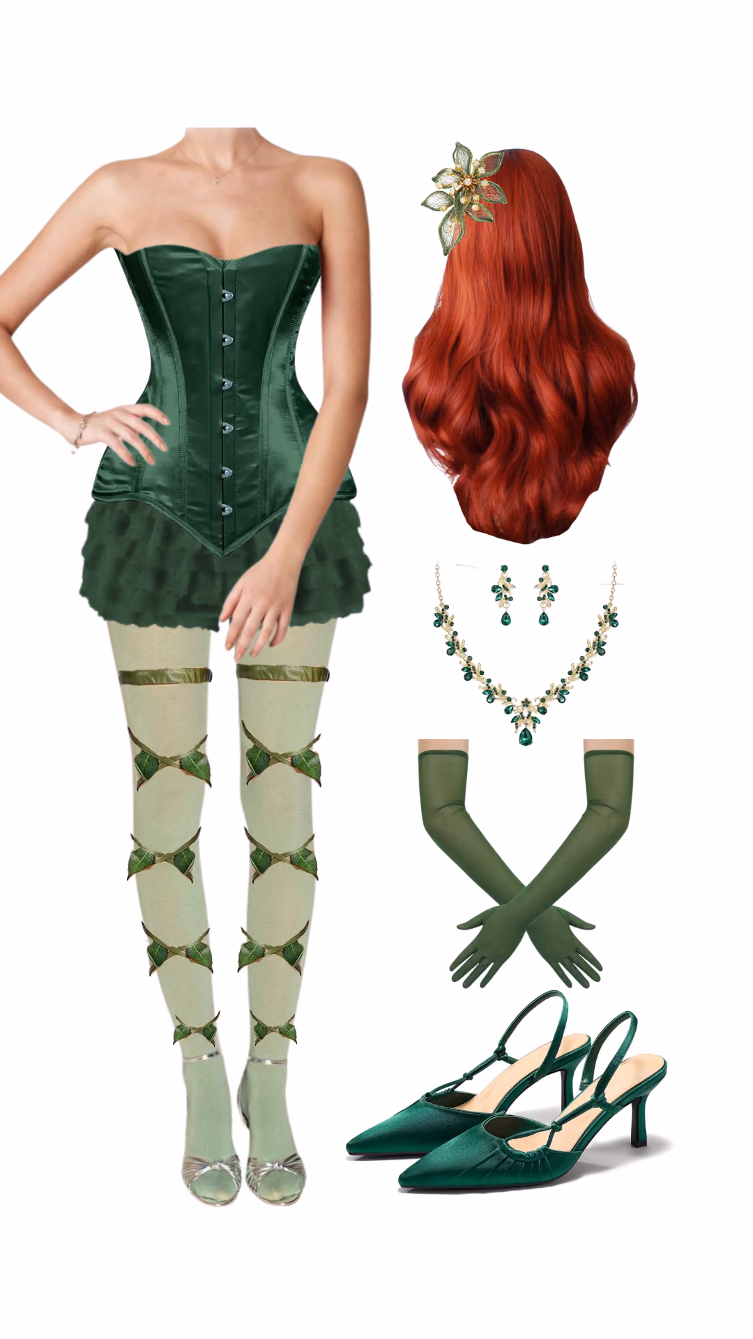 Poison Ivy Halloween costume with emerald satin corset, green ruffled skirt, vine-print stockings, red wig, long green gloves, and green satin heels