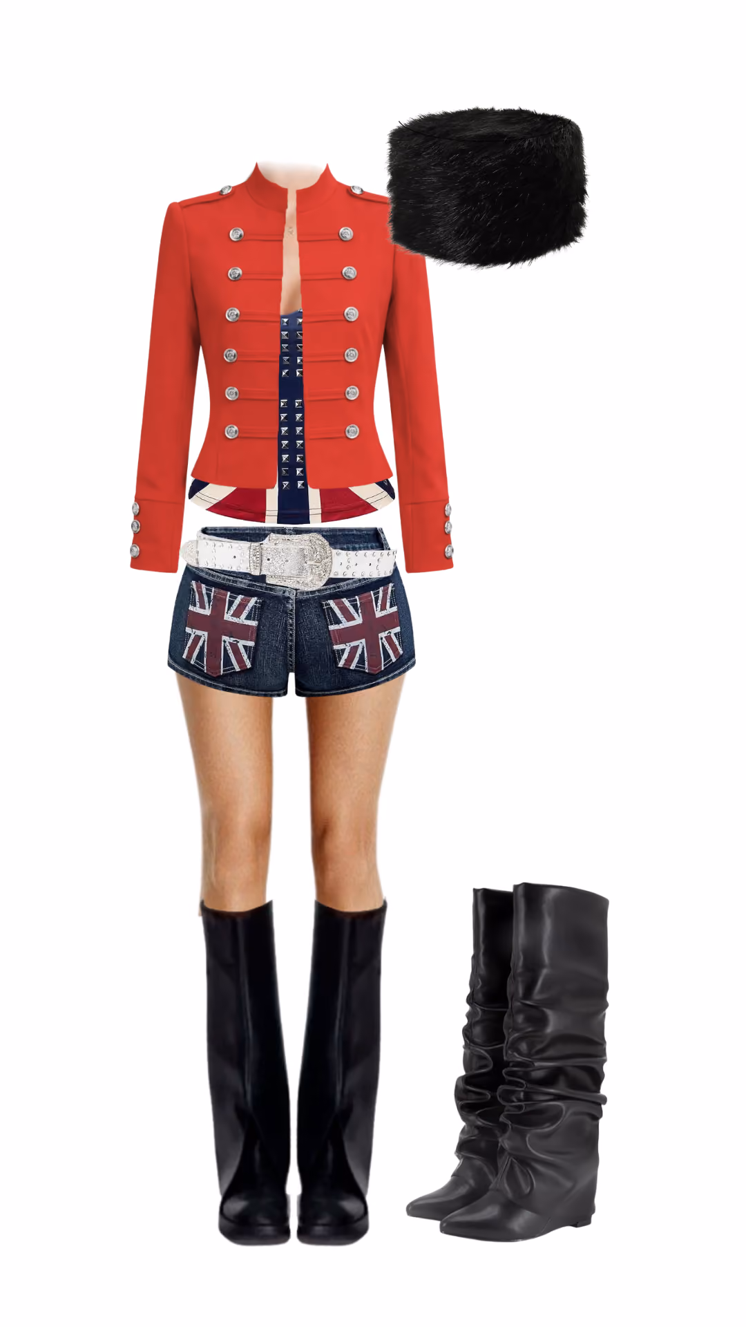 King's Guard-inspired Halloween costume with red military jacket, Union Jack print top, denim shorts, black faux fur busby hat, and black knee-high boots