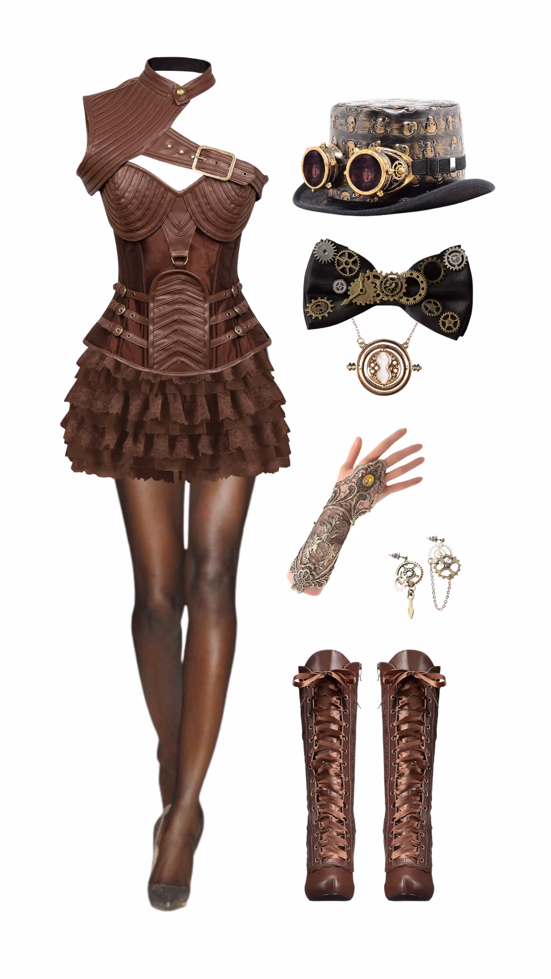 Steampunk time traveler-inspired Halloween costume with brown leather corset dress and ruffled skirt, gear-motif top hat with goggles, gear bow tie with time-turner pendant, ornate arm bracer, and brown lace-up boots