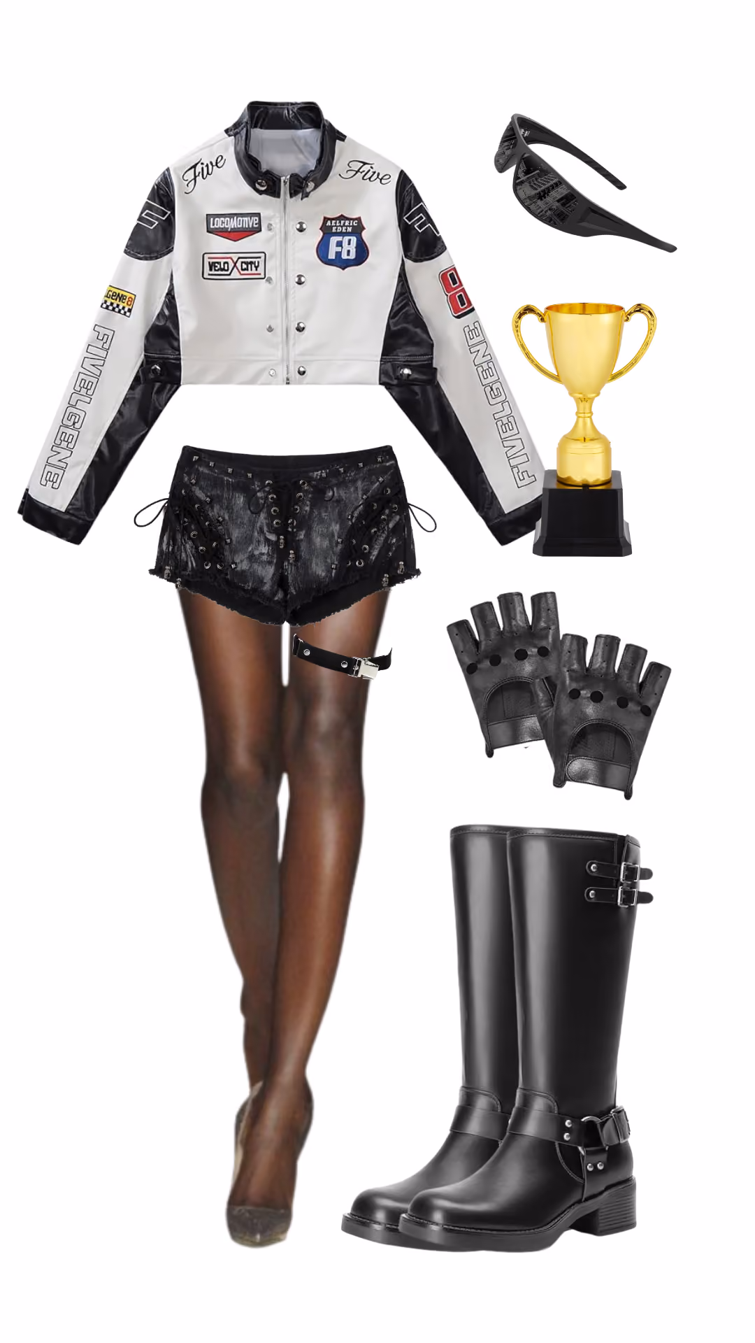 Racing driver Halloween costume with white and black cropped patch jacket, black studded lace-up shorts, black sunglasses, gold trophy prop, fingerless gloves, and tall black boots