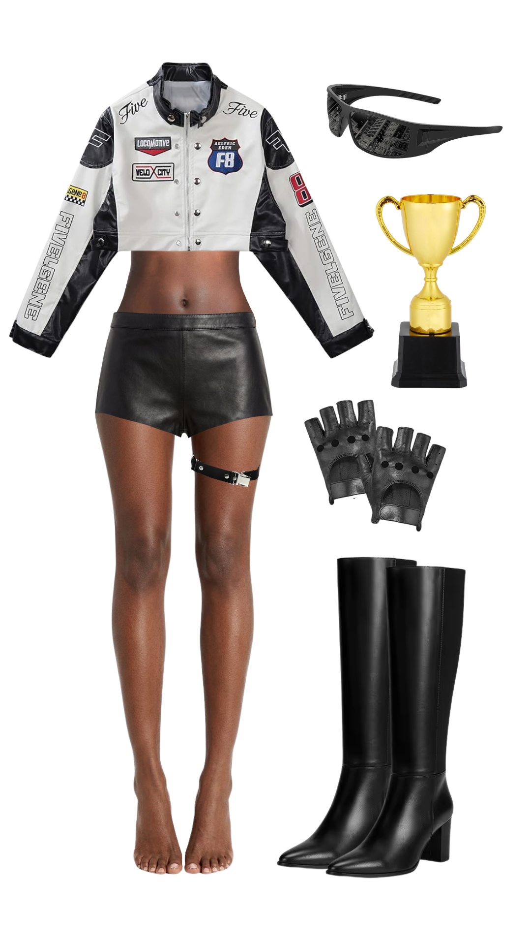 Racing driver Halloween costume with white and black cropped patch jacket, black studded lace-up shorts, black sunglasses, gold trophy prop, fingerless gloves, and tall black boots