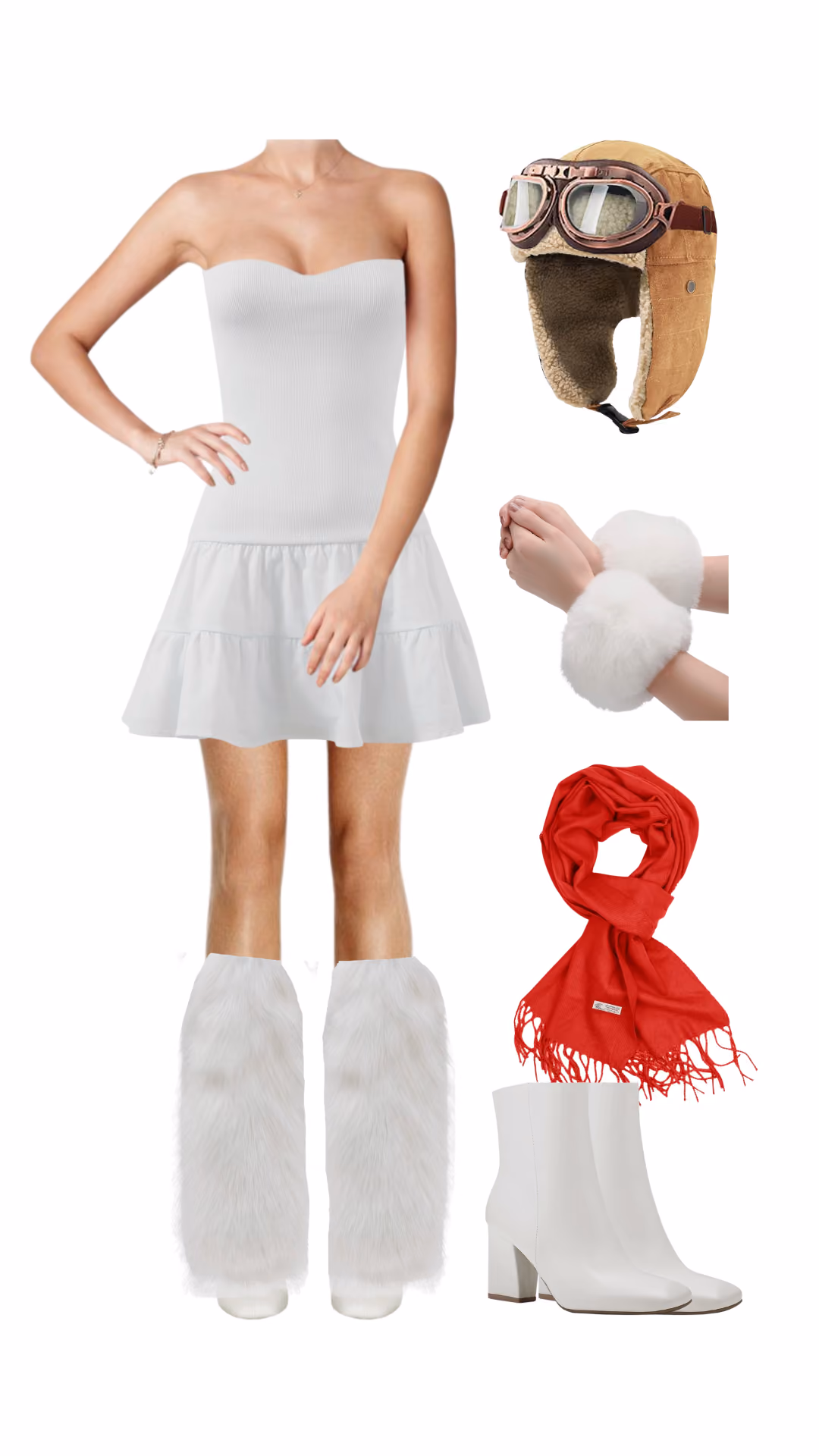 Snoopy as the WWI Flying Ace-inspired Halloween costume with white ruffled mini dress, brown aviator trapper hat with goggles, red scarf, white fur cuffs and leg warmers, and white ankle boots