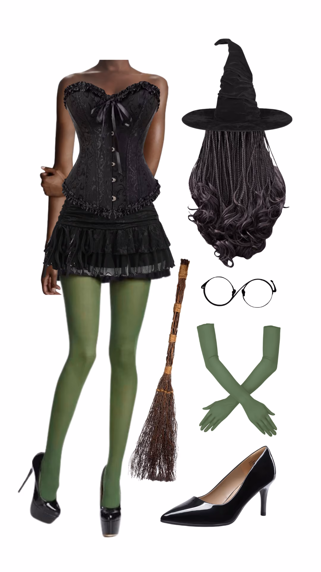 Elphaba (Wicked)-inspired Halloween costume with black corset dress, green ombré tights, black pointed witch hat, round glasses, grey braided wig, green opera gloves, and broomstick prop