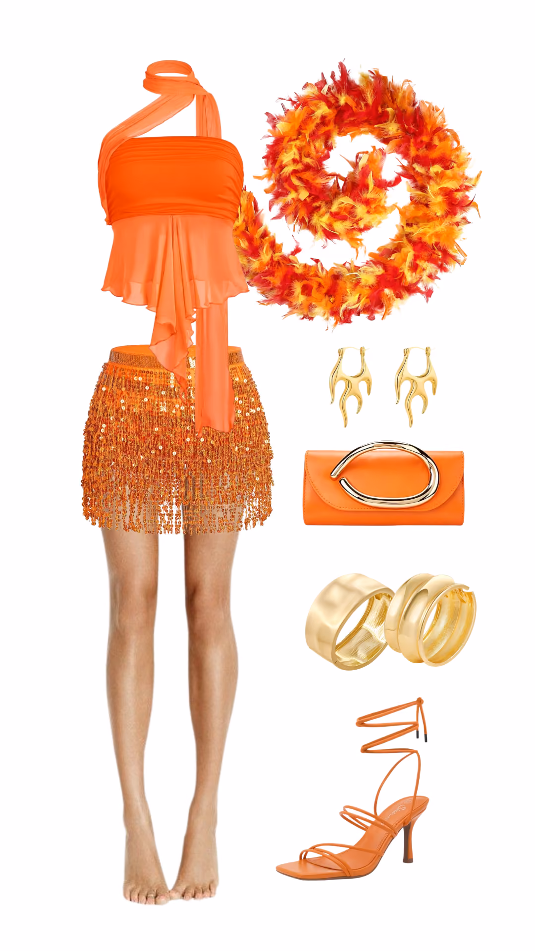 Fire-themed Halloween costume with orange one-shoulder draped top, orange sequin fringe mini skirt, red and orange feather wreath necklace, gold antler earrings, orange clutch, and orange lace-up heels