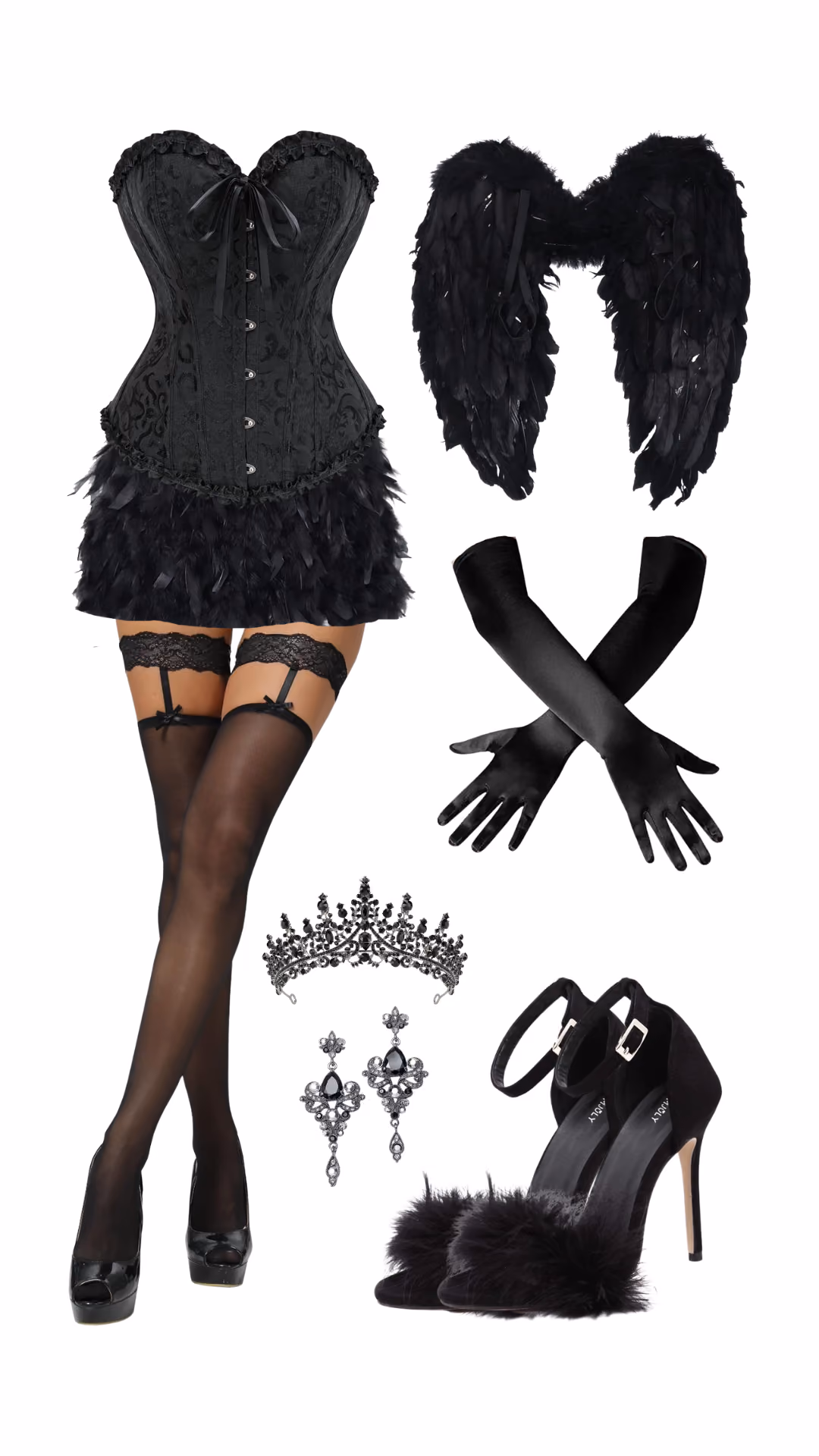 Black Swan-inspired Halloween costume with black feathered corset dress, black feathered angel wings, black gloves, dark tiara, and black feathered heels