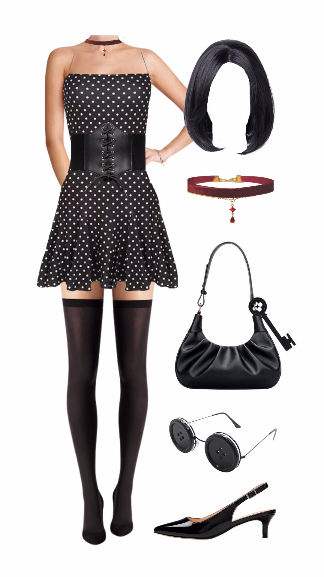 Coraline's Other Mother-inspired Halloween costume with black and white polka dot dress, black corset belt, dark bob wig, red choker, black bag with skeleton key charm, and round button-eye glasses