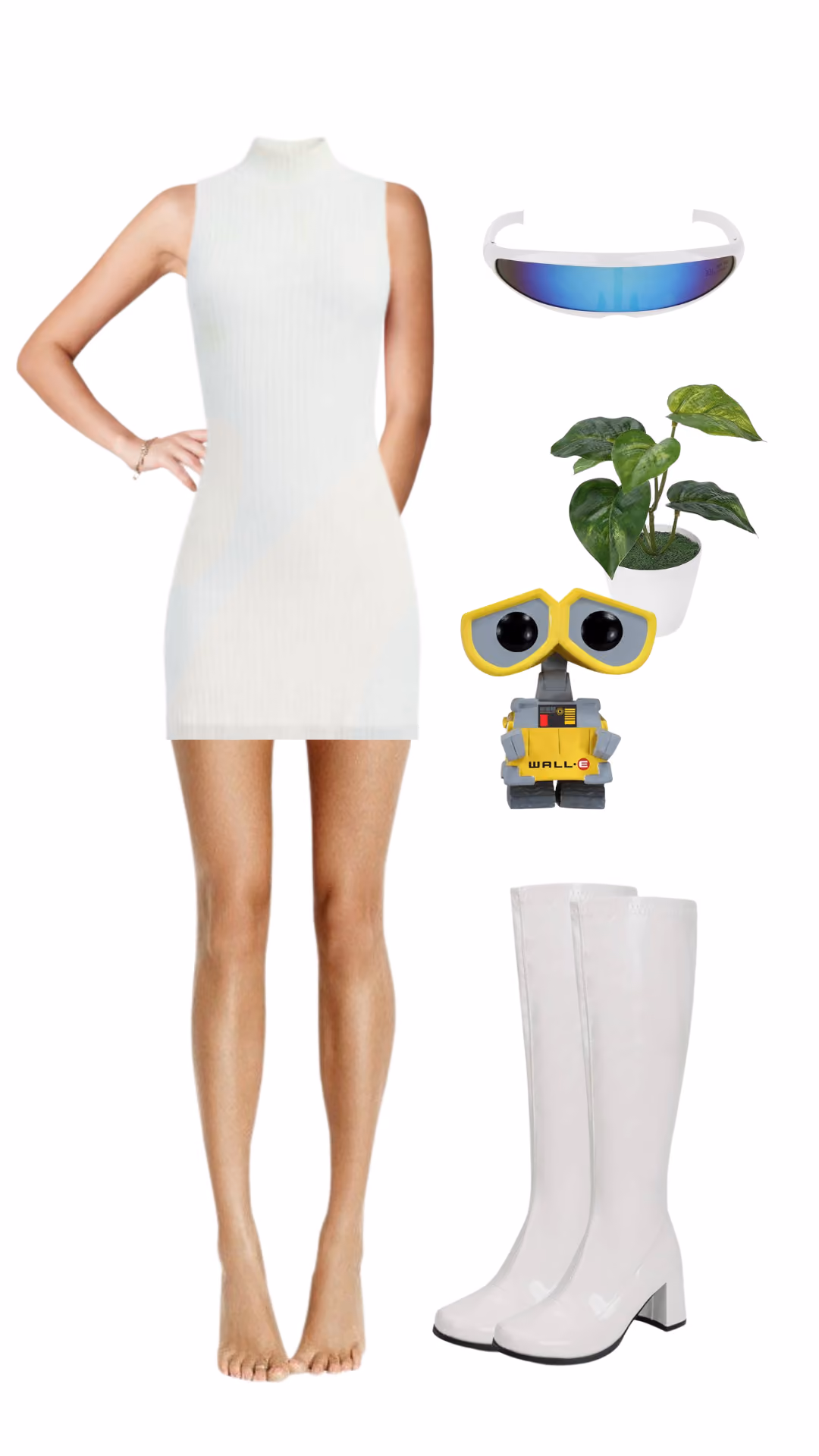 EVE (WALL-E)-inspired Halloween costume with white ribbed mini dress, white knee-high boots, visor sunglasses, and WALL-E plush accessory