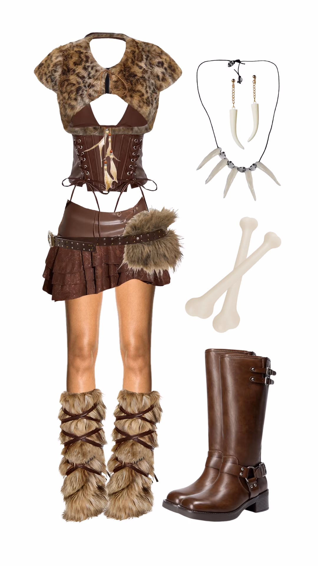 Cave woman Halloween costume with leopard print fur shrug, brown lace-up corset, asymmetrical fringe mini skirt with fur hip wrap, studded belt, bone and tooth necklace and earrings, crossed bone props, and fur-wrapped leg warmers with brown buckled boots