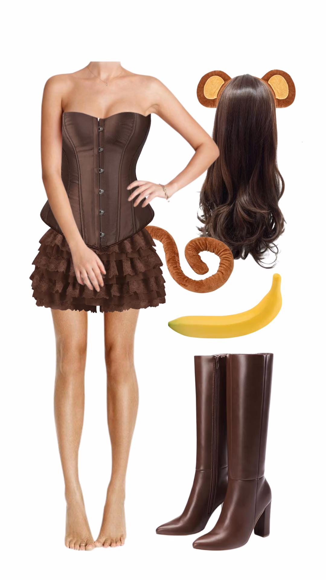 Curious George-inspired Monkey Halloween costume with brown strapless corset, brown ruffled tiered mini skirt, monkey ear headband with brown wavy wig, curly monkey tail, banana accessory, and brown knee-high heeled boots