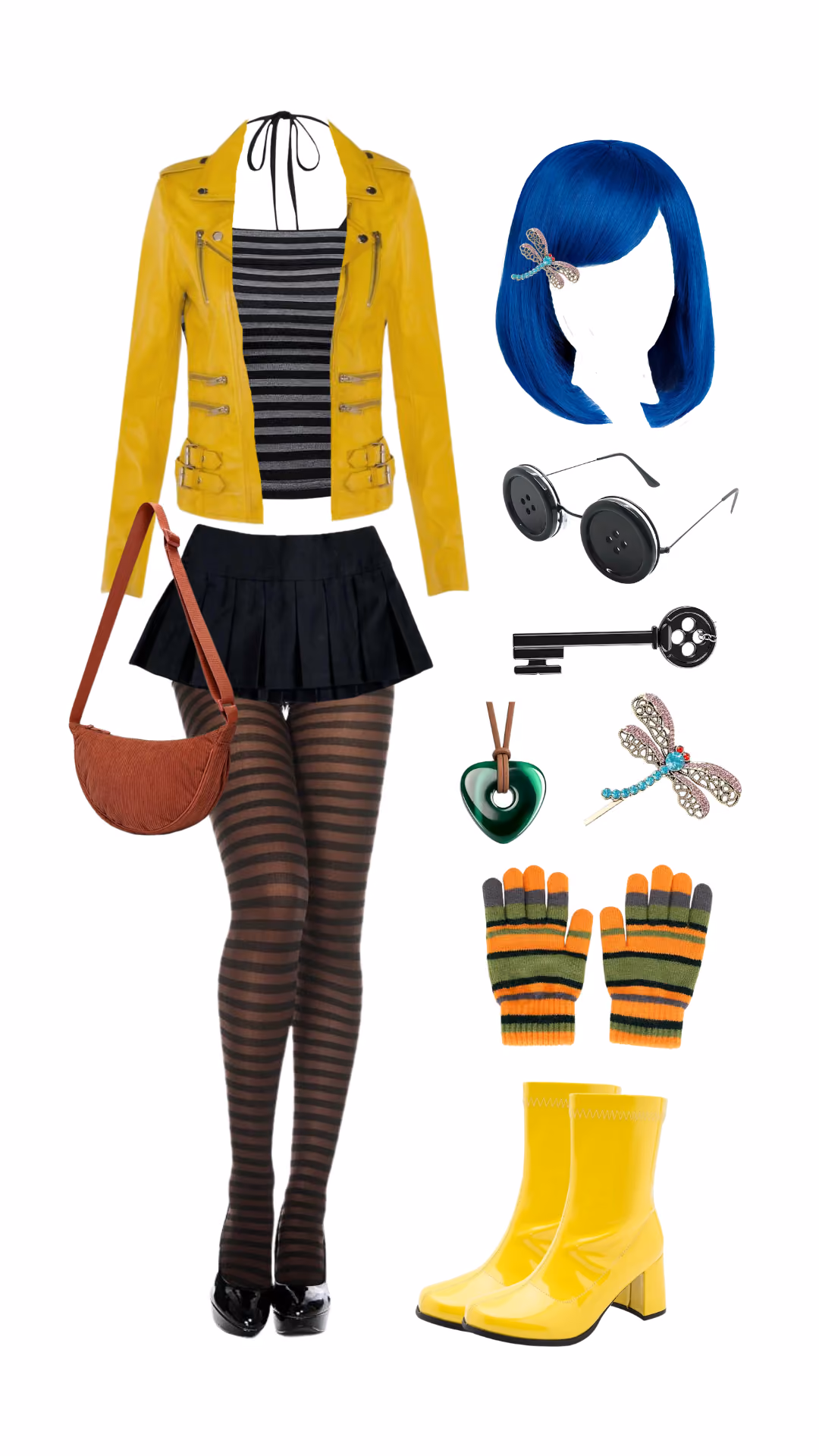 Coraline-inspired Halloween costume with yellow leather jacket, striped top, black pleated skirt, blue bob wig with dragonfly clip, round button glasses, and skeleton key accessory