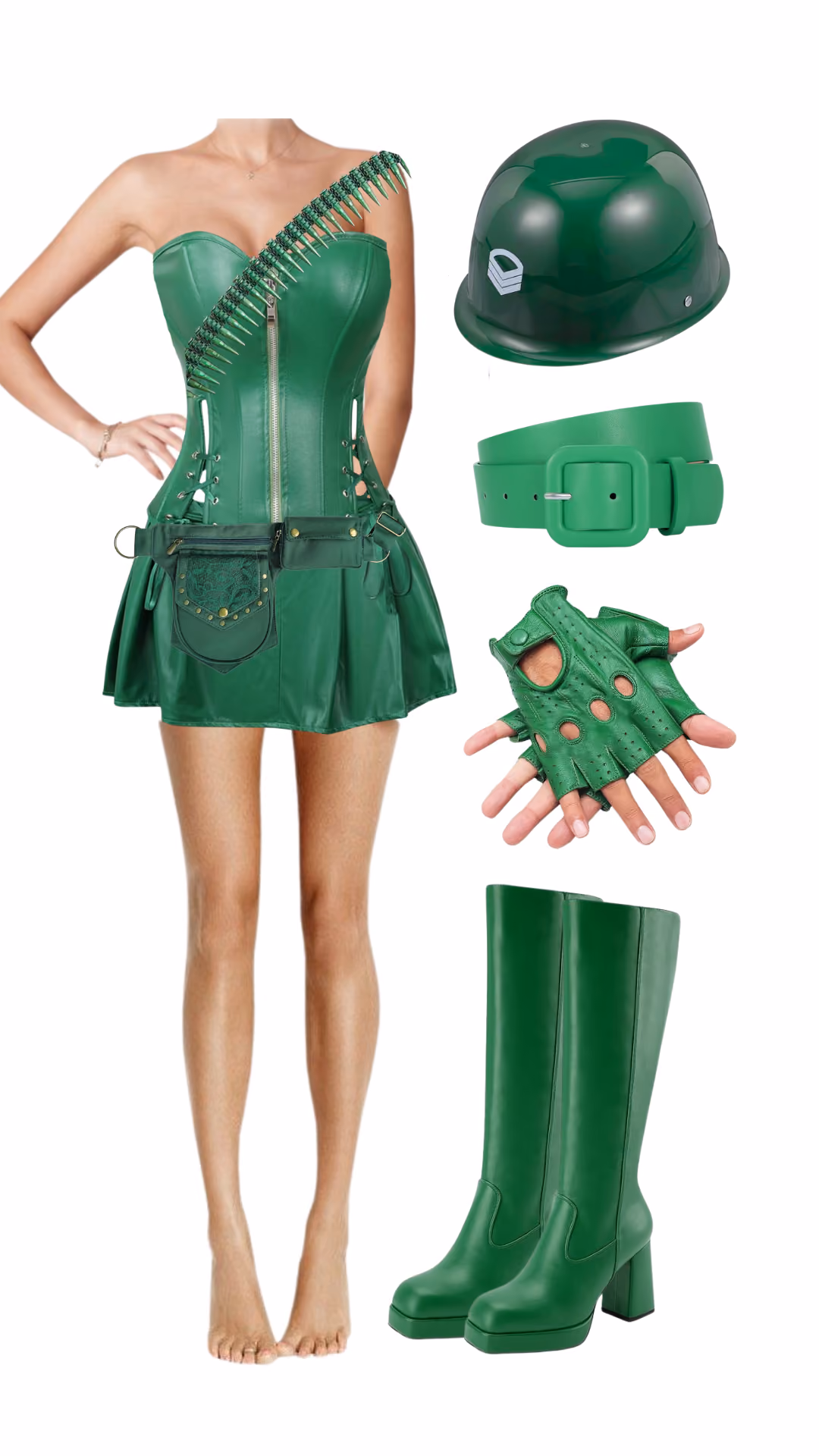 Toy soldier Halloween costume with green leather corset dress, bullet bandolier sash, green army helmet, green belt, fingerless gloves, and green combat boots