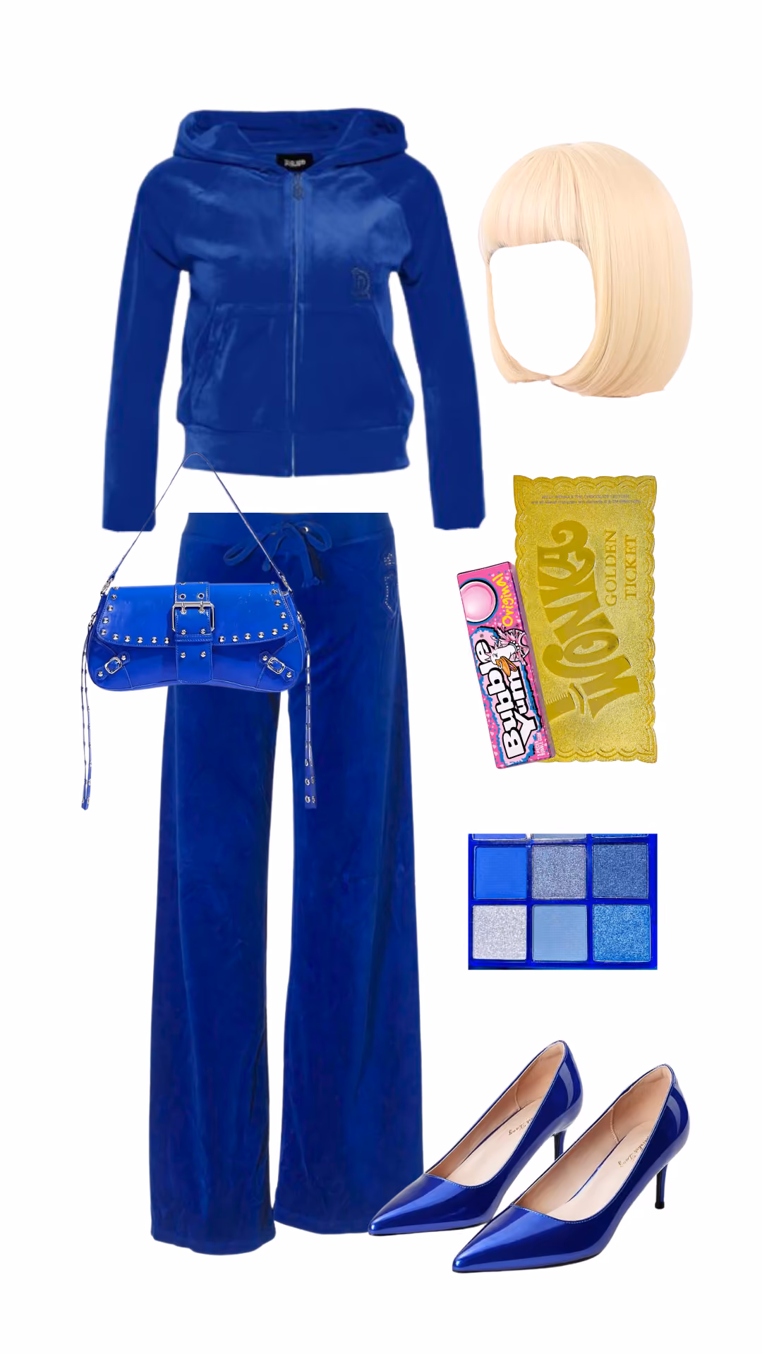 Violette Beauregard (Charlie and the Chocolate Factory)-inspired Halloween costume with blue velour tracksuit, blonde bob wig, bubble gum and golden ticket props, and blue heels
