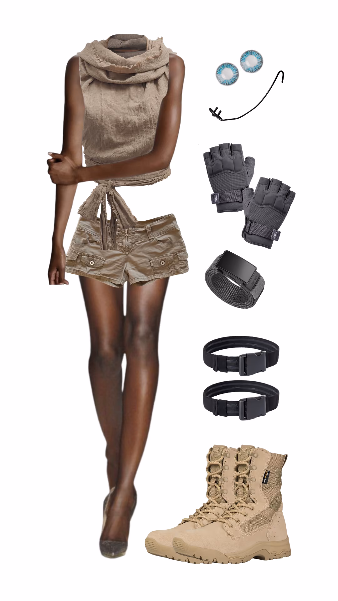 Fremen (Dune)-inspired Halloween costume with beige draped cowl-neck top, cargo shorts, fingerless gloves, blue-tinted contact lenses, and tan lace-up combat boots
