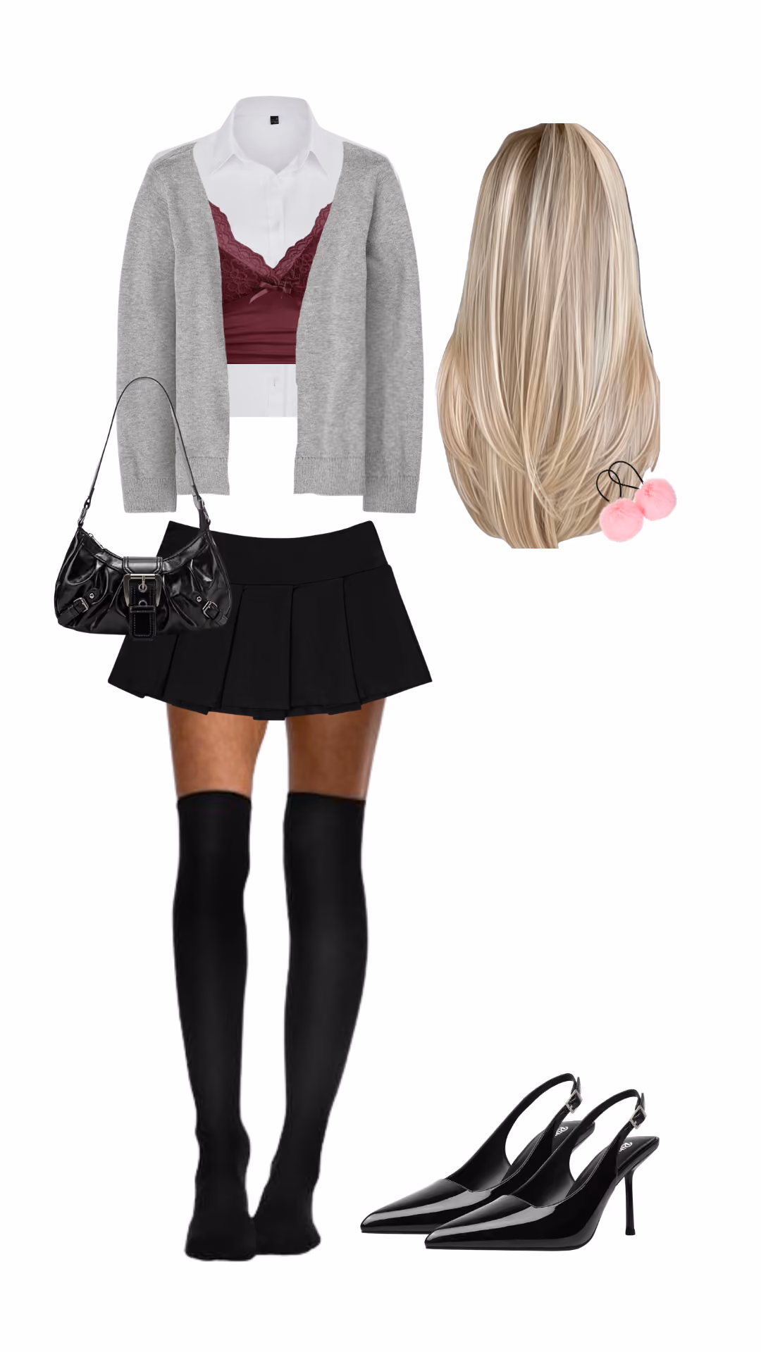 Britney Spears-inspired Halloween costume with grey cardigan, white collared shirt, burgundy lace cami, black pleated mini skirt, black knee-high socks, and blonde wig with pink pom-pom hair ties