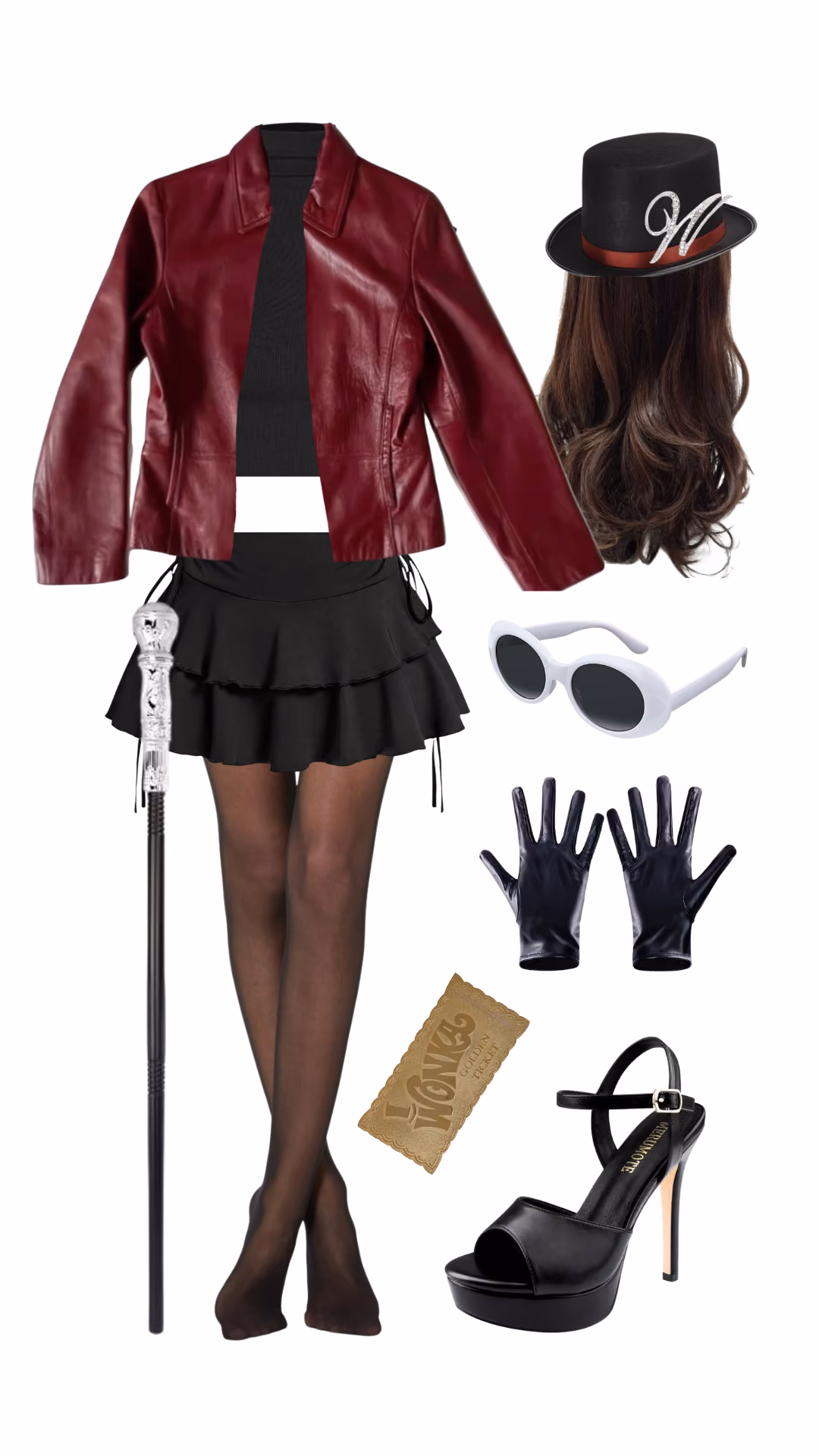 Willy Wonka-inspired Halloween costume with burgundy leather jacket, black skirt, top hat with W brooch, cane, round sunglasses, and golden ticket prop