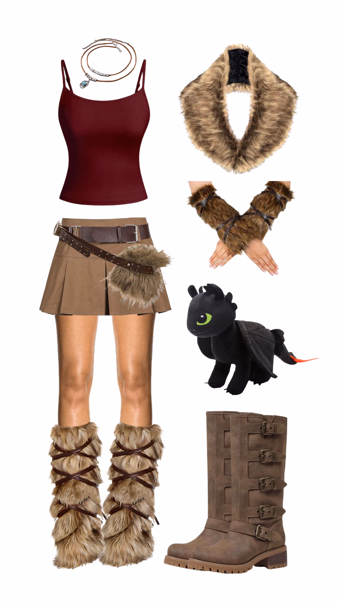 Astrid (How to Train Your Dragon)-inspired Halloween costume with burgundy tank top, tan pleated wrap skirt, fur pouch belt, fur arm and leg wraps, and brown buckled boots