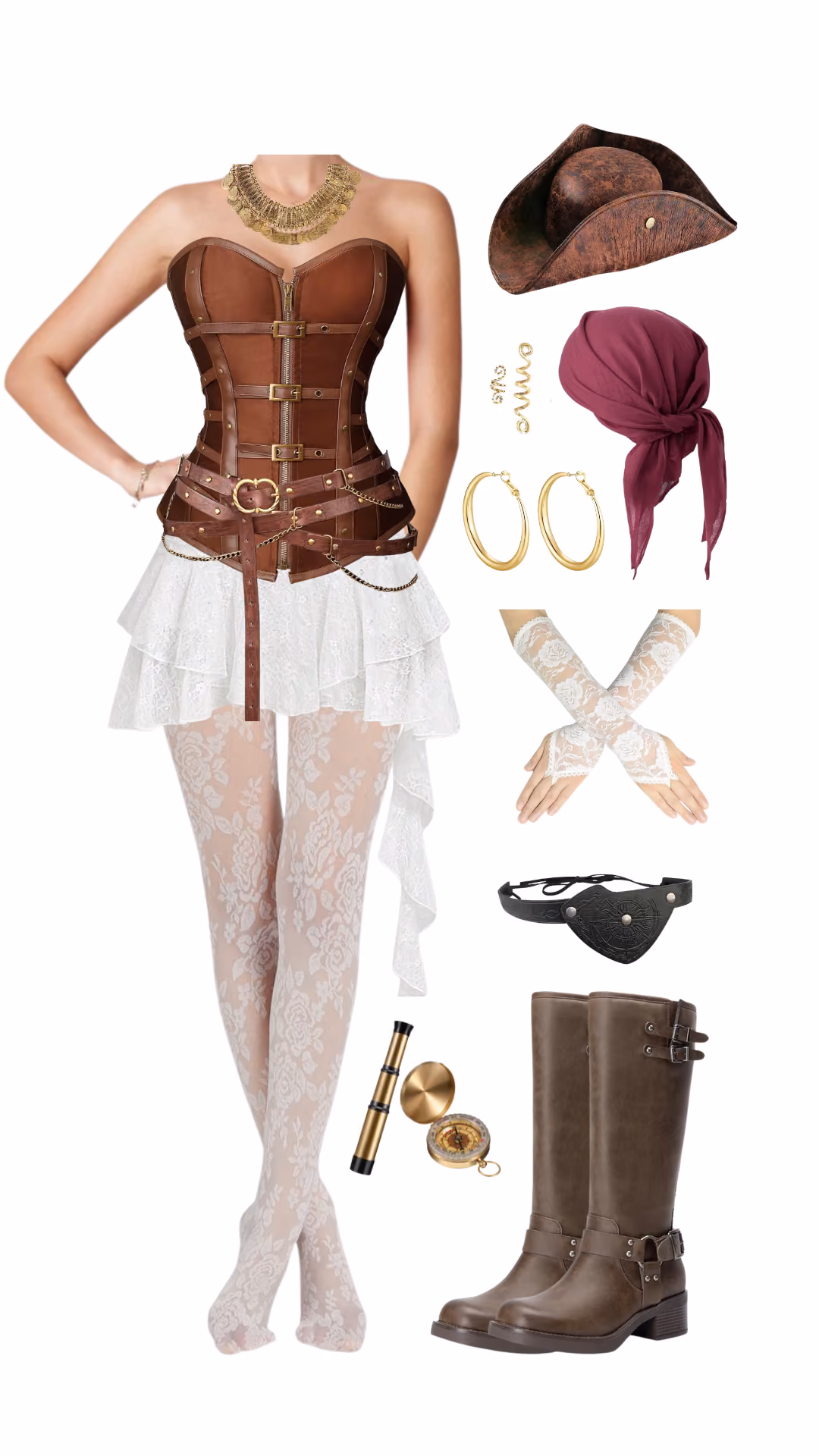 Pirate-inspired Halloween costume with brown steampunk-style corset with buckle straps, white lace mini skirt and tights, tricorn hat, magenta headwrap, gold coin necklace, lace gloves, eye patch, spyglass, and compass