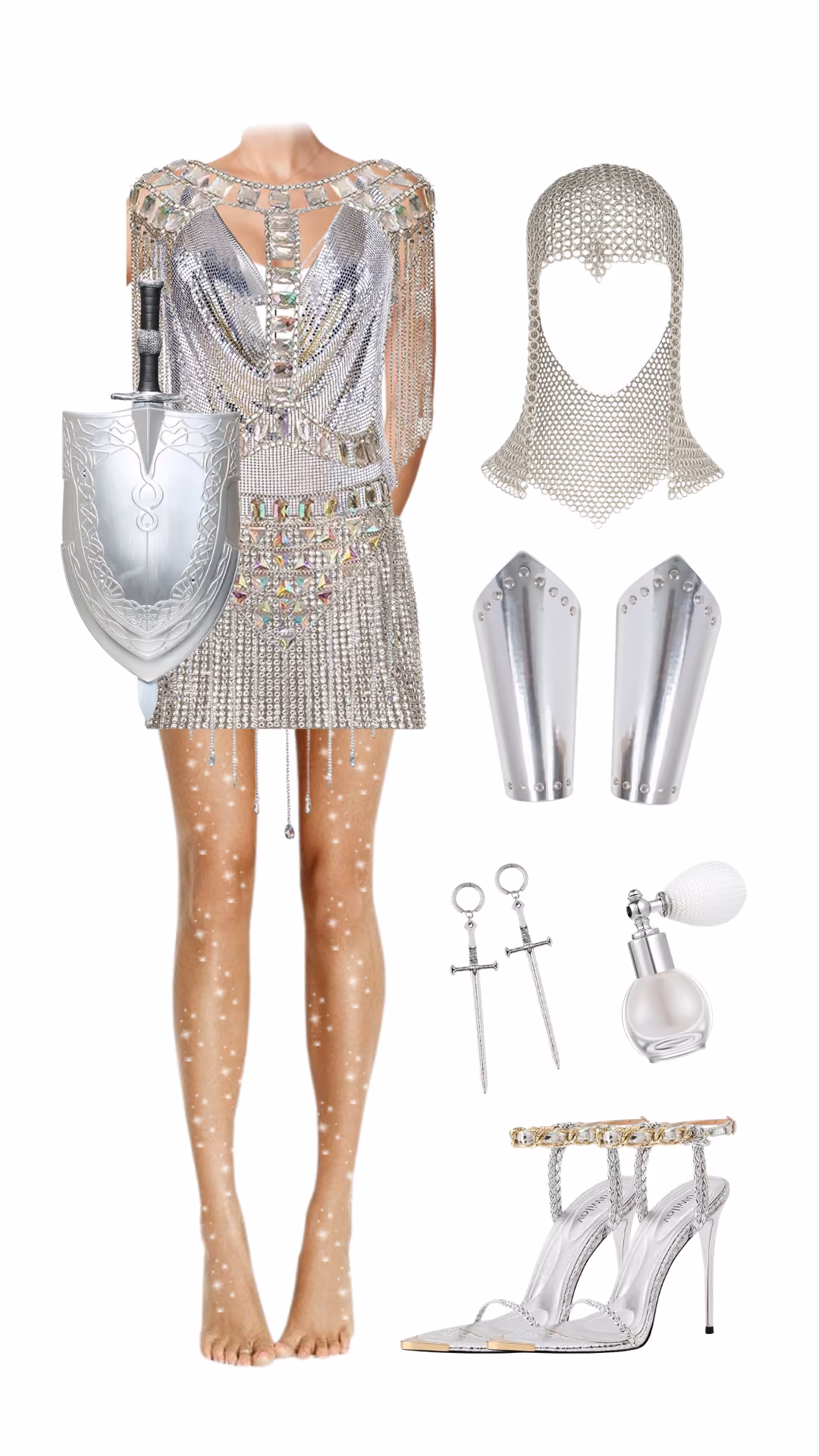 Knight Halloween costume with silver rhinestone chainmail-effect dress, matching chainmail coif hood, sword and shield accessories, silver arm bracers, and silver strappy heels