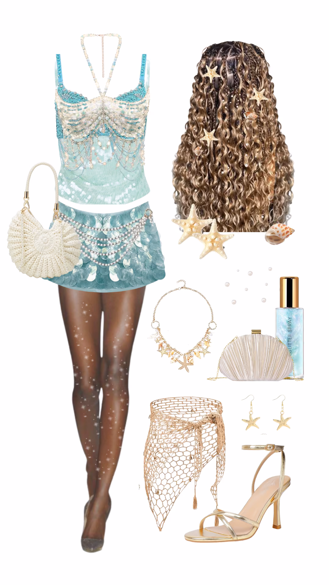 Mermaid-inspired Halloween costume with teal sequin and pearl bustier top, scalloped shell mini skirt, curly wig with starfish and shell clips, and gold fishnet wrap skirt