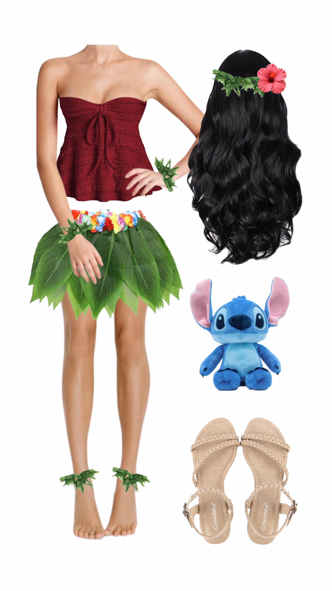 Lilo-inspired Halloween costume with burgundy strapless top, green leaf hula skirt, tropical flower hair crown, and Stitch plush accessory