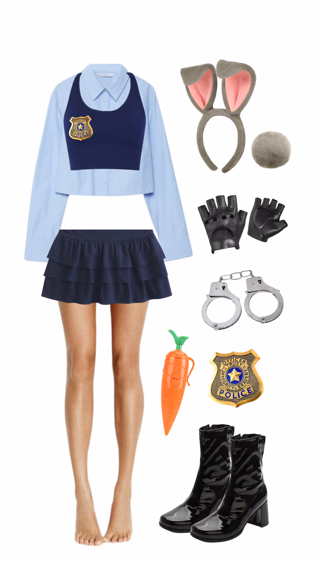 Judy Hopps (Zootopia)-inspired Halloween costume with light blue police shirt, navy crop top with police badge, navy tiered mini skirt, bunny ear headband and tail, handcuffs, and carrot-shaped taser prop