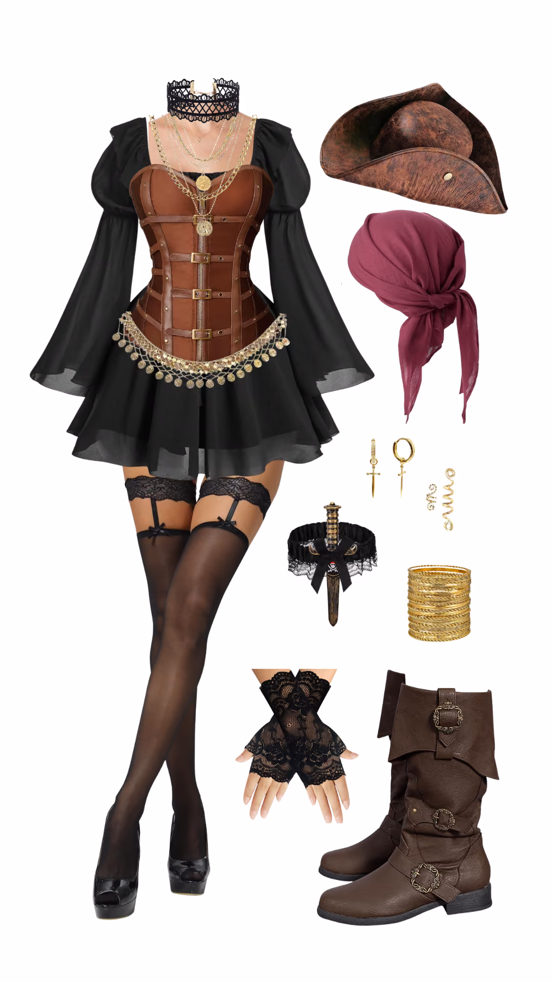 Pirate-inspired Halloween costume with black dress, brown coin-fringe corset belt, tricorn hat, headwrap, dagger garter, and brown buckled boots