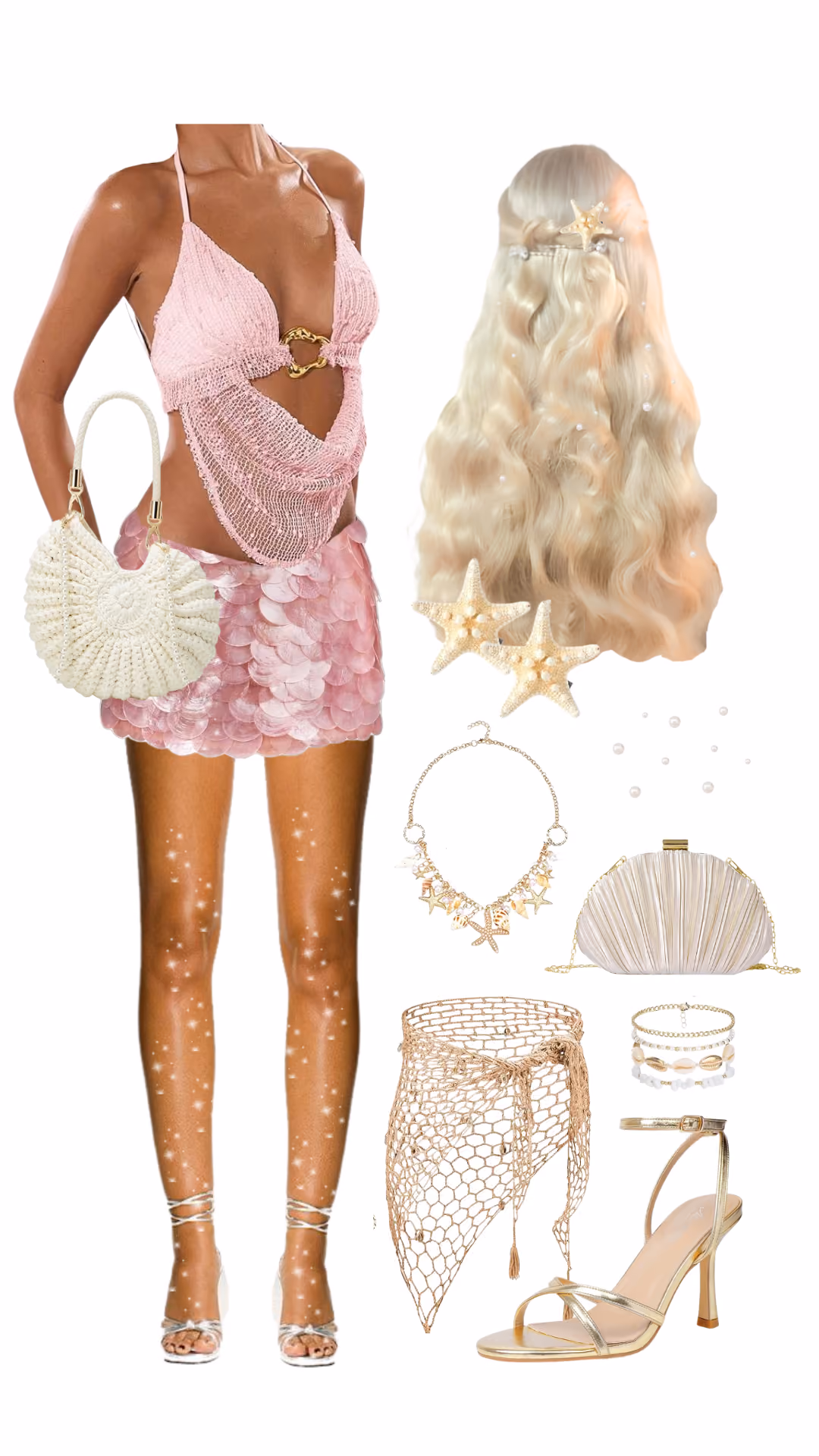 Mermaid-inspired Halloween costume with pink scalloped shell mini skirt, pink knit halter top with gold buckle, blonde wavy wig with starfish clips, pearl and starfish jewelry, woven bag, and gold sandals
