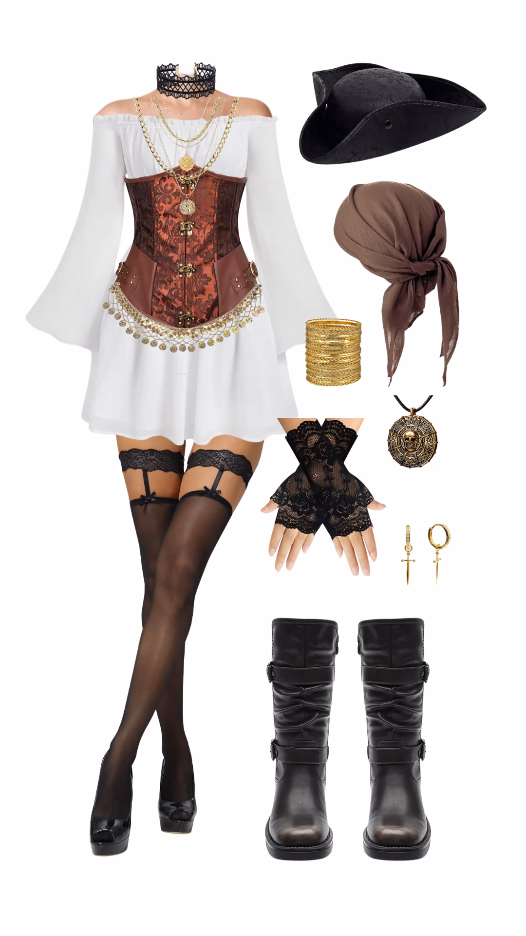 Pirate-inspired Halloween costume with white peasant dress, brown corset belt with coin fringe, tricorn hat, headwrap, skull pendant necklace, and black boots
