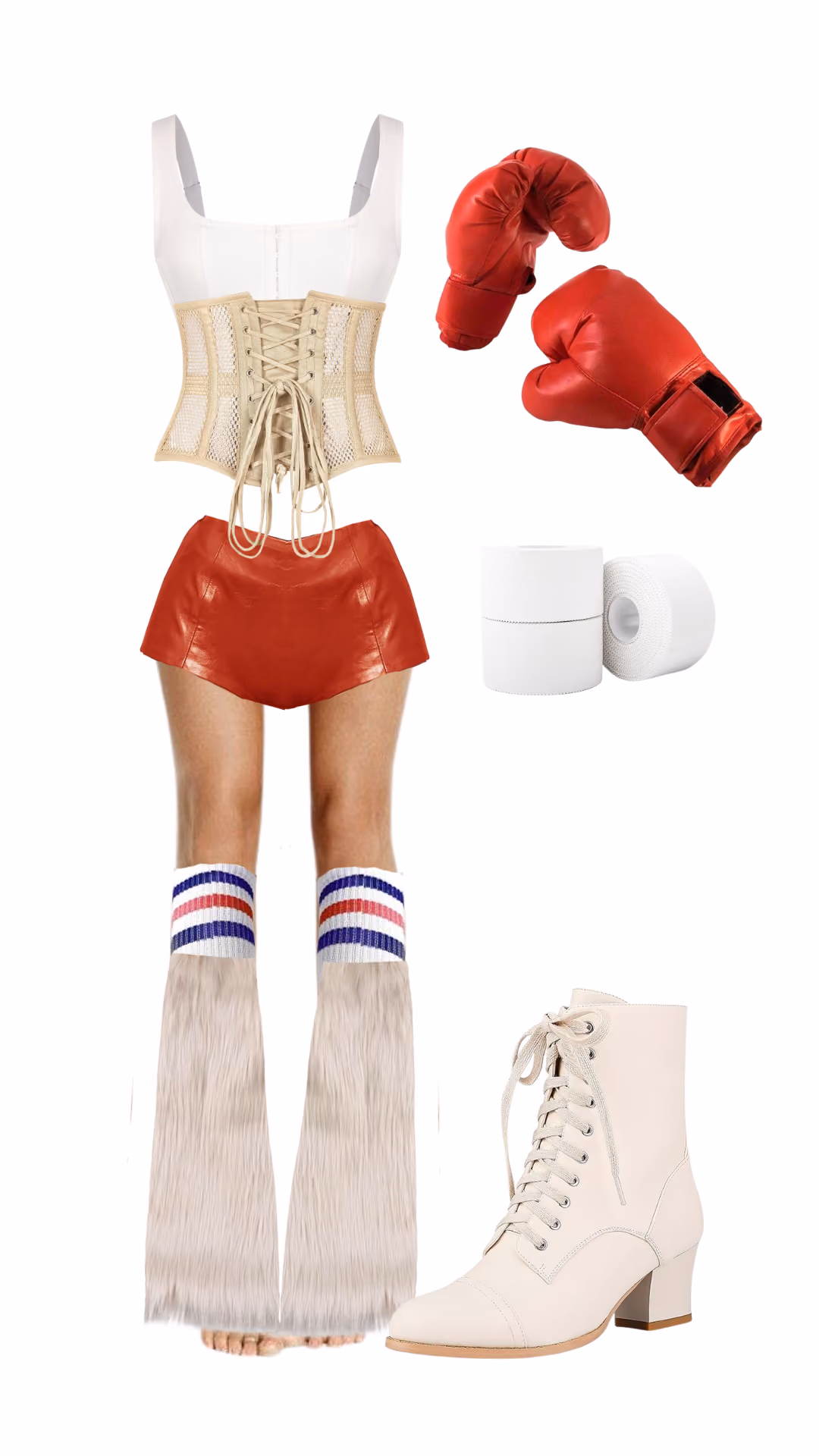 Boxer Halloween costume with white tank, tan lace-up corset belt, red leather shorts, red boxing gloves, and striped socks with fur leg warmers