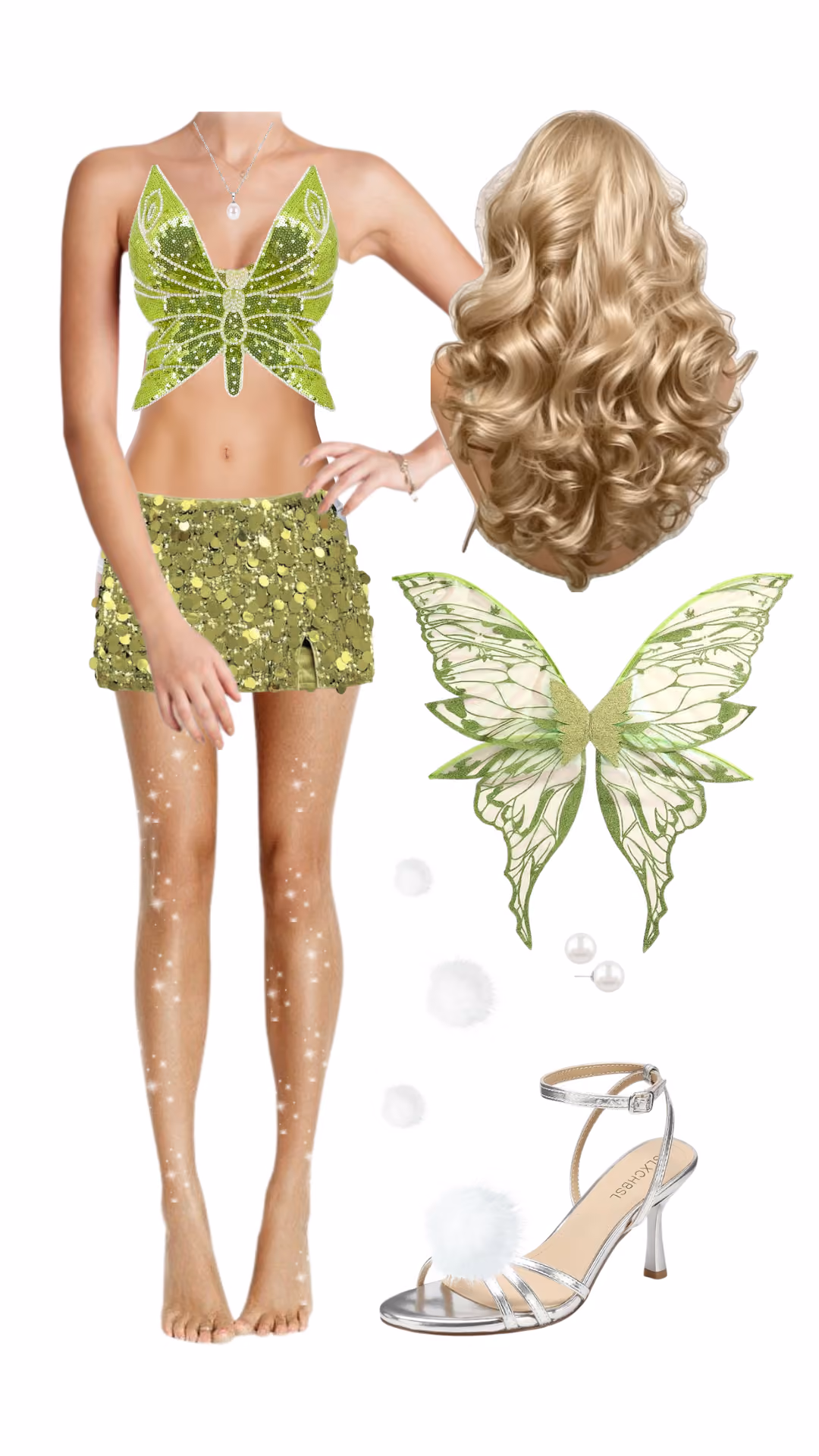 Tinker Bell-inspired Halloween costume with green sequin butterfly-wing top, sequin mini skirt, fairy wings, and blonde curly wig