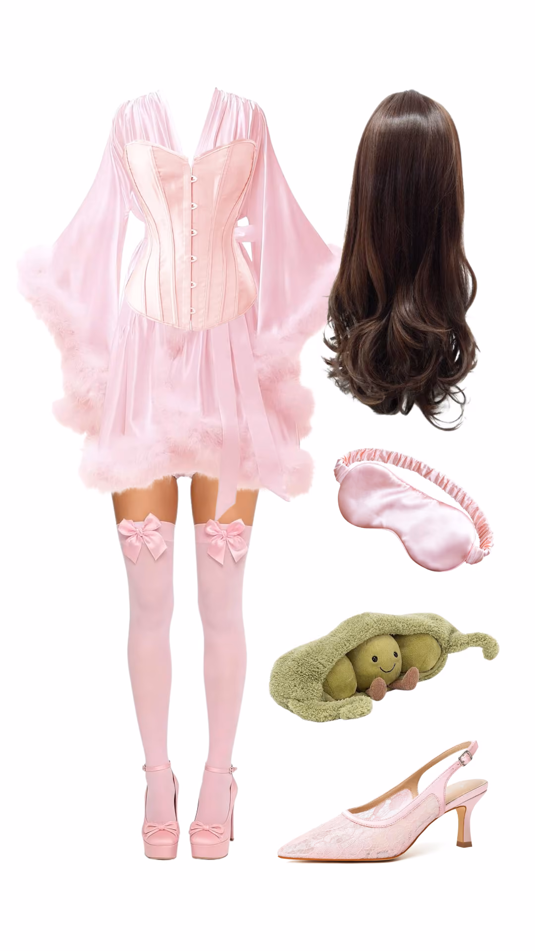 Princess and the Pea-inspired Halloween costume with pink satin robe, feather trim, pink corset, thigh-high stockings, and pea plush accessory