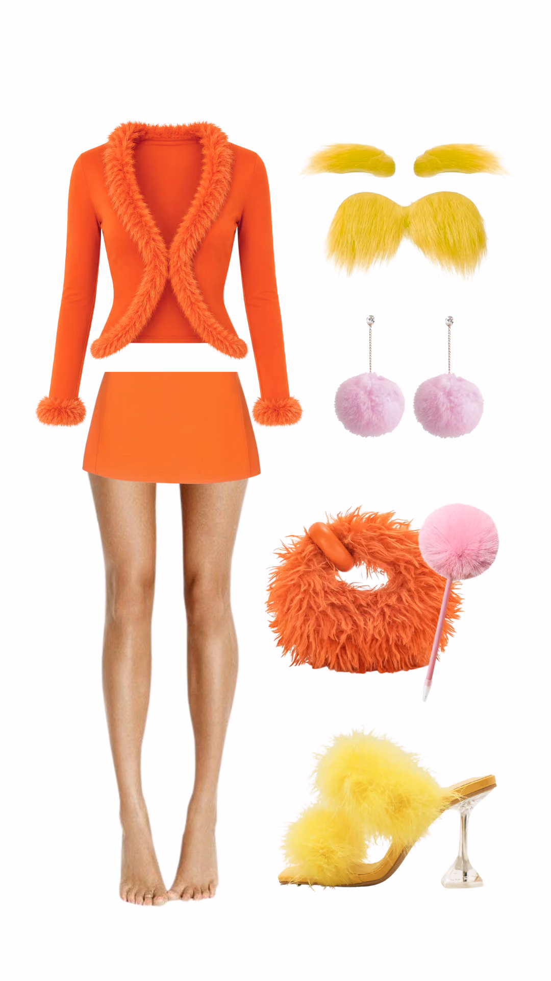 Lorax-inspired Halloween costume with orange fuzzy-trim jacket and skirt, yellow mustache and eyebrow accessories, and orange fur muff
