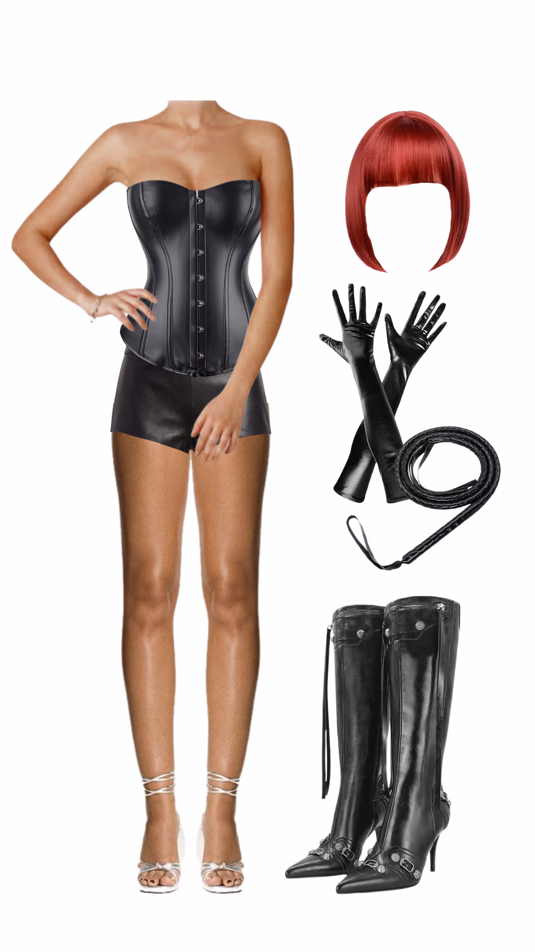 Catwoman-inspired Halloween costume with black faux leather strapless corset top, matching black shorts, red bob wig, black opera gloves, coiled whip prop, and black pointed-toe knee-high boots