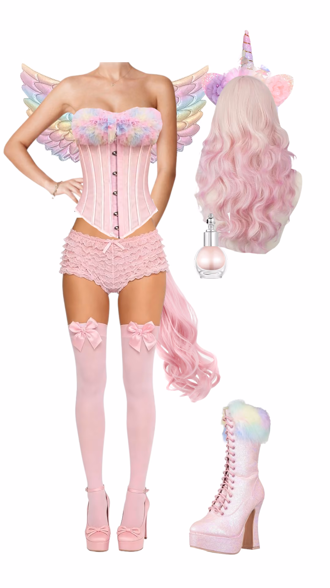 Unicorn-inspired Halloween costume with pink corset, pastel tulle and feather trim, iridescent rainbow wings, pink lace shorts, pink thigh-high stockings with bows, unicorn horn and ear headband with pastel flowers, long wavy pink wig, pink unicorn tail, and pastel fur-trimmed glitter lace-up boots