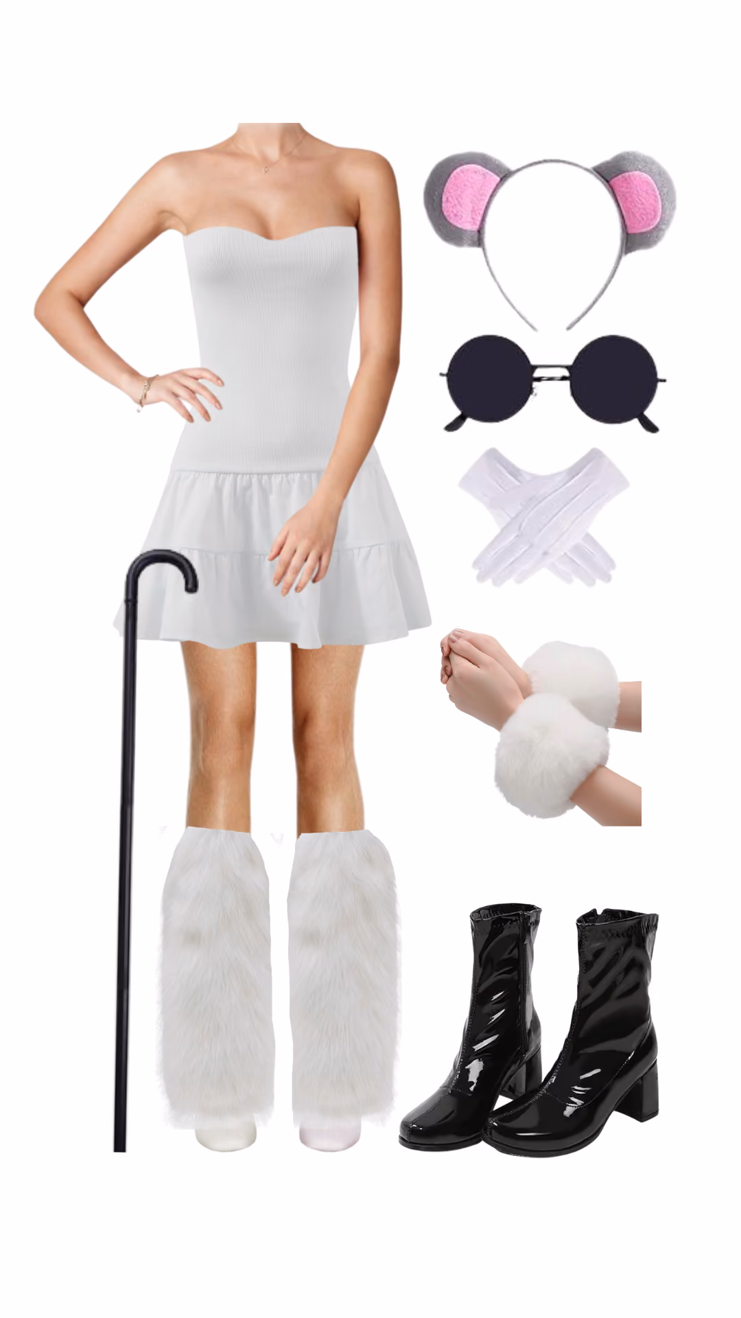 Three Blind Mice-inspired Halloween costume with white strapless dress, mouse ear headband, round sunglasses, and white fur accessories