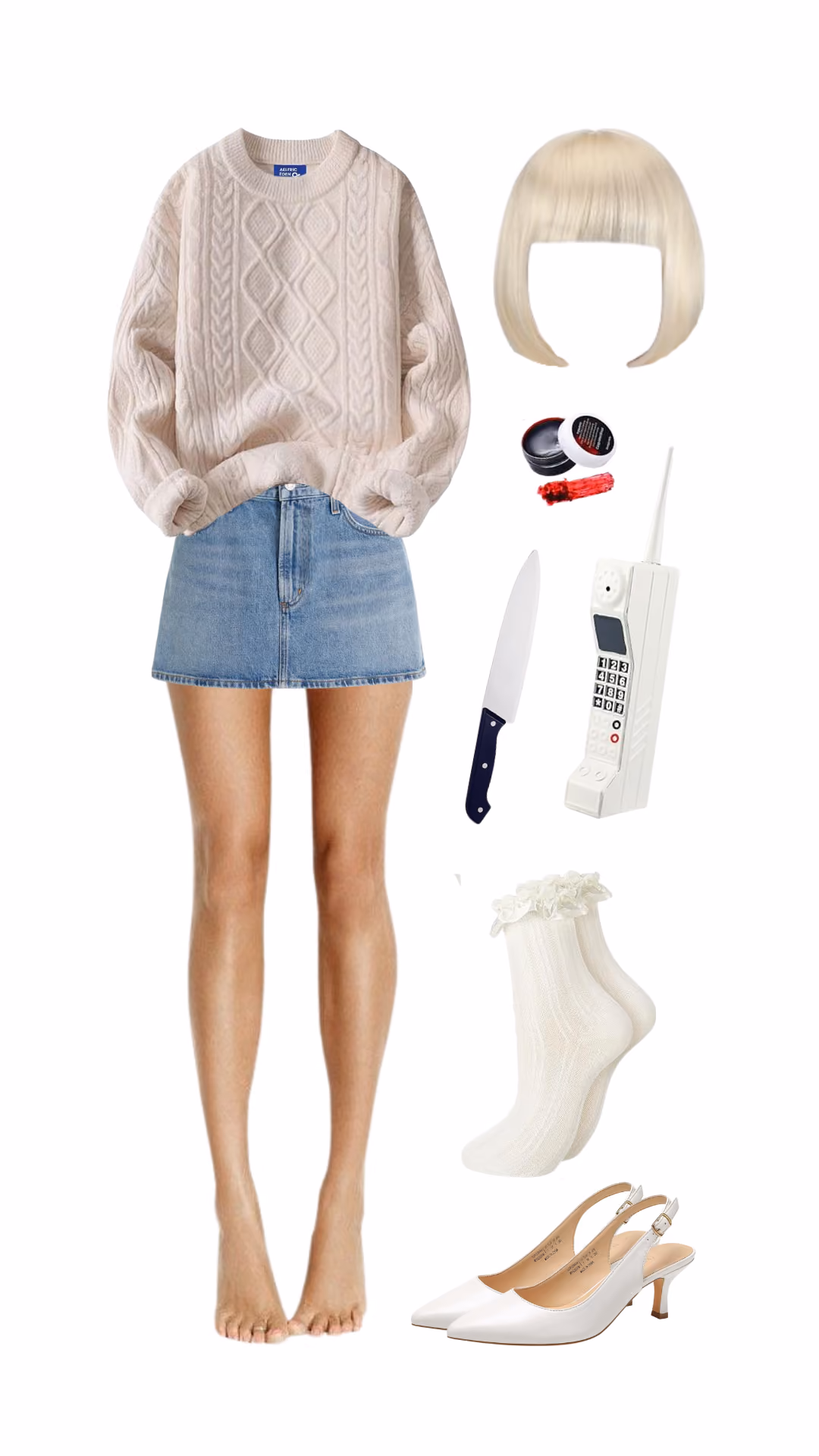 Casey Becker (Scream)-inspired Halloween costume with cream cable-knit sweater, denim mini skirt, blonde bob wig, and prop knife and corded phone