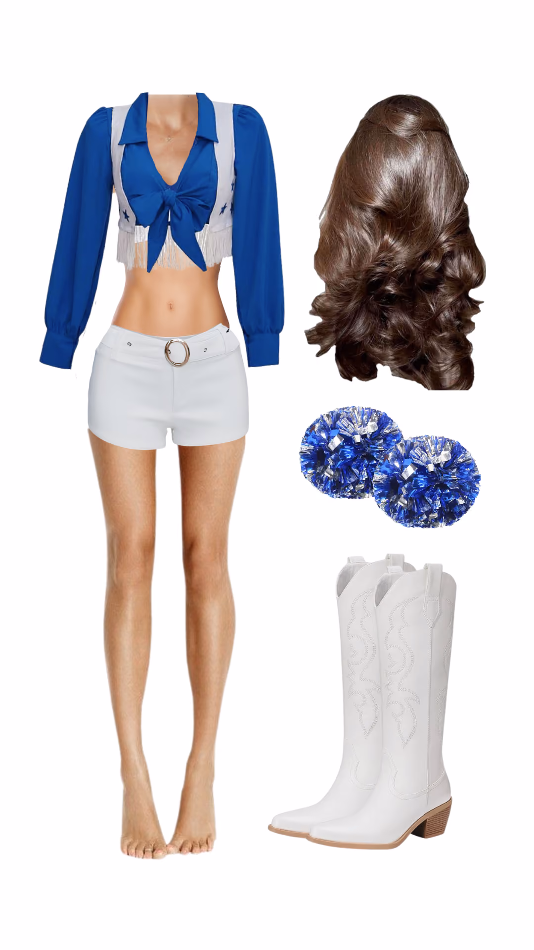 Dallas Cowboys cheerleader Halloween costume with blue crop top, white shorts, pom poms, and white cowboy boots