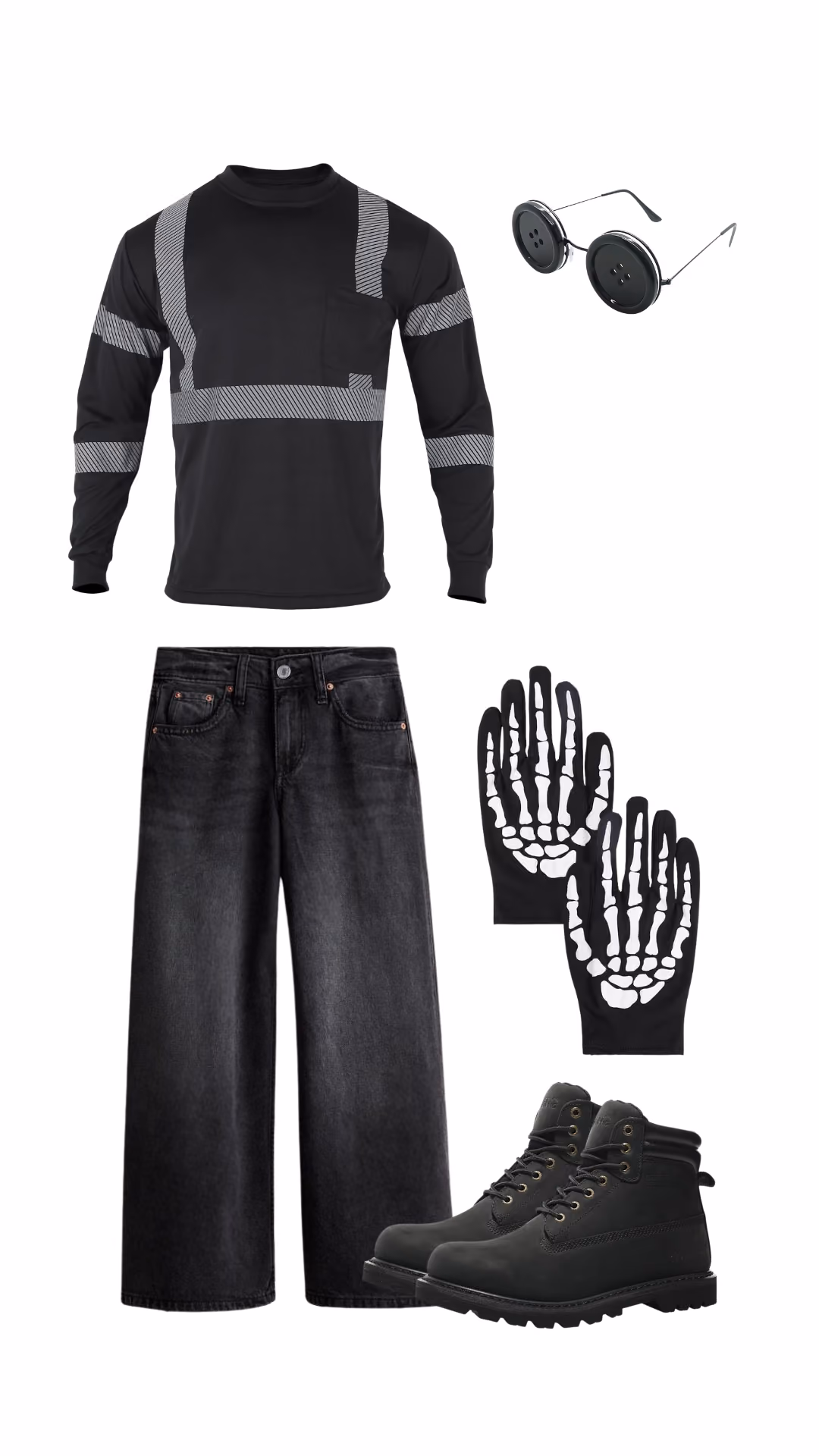Wybie Lovat (Coraline)-inspired Halloween costume for men with black reflective safety long-sleeve shirt, black wide-leg jeans, round black button sunglasses, black skeleton-print gloves, and black boots