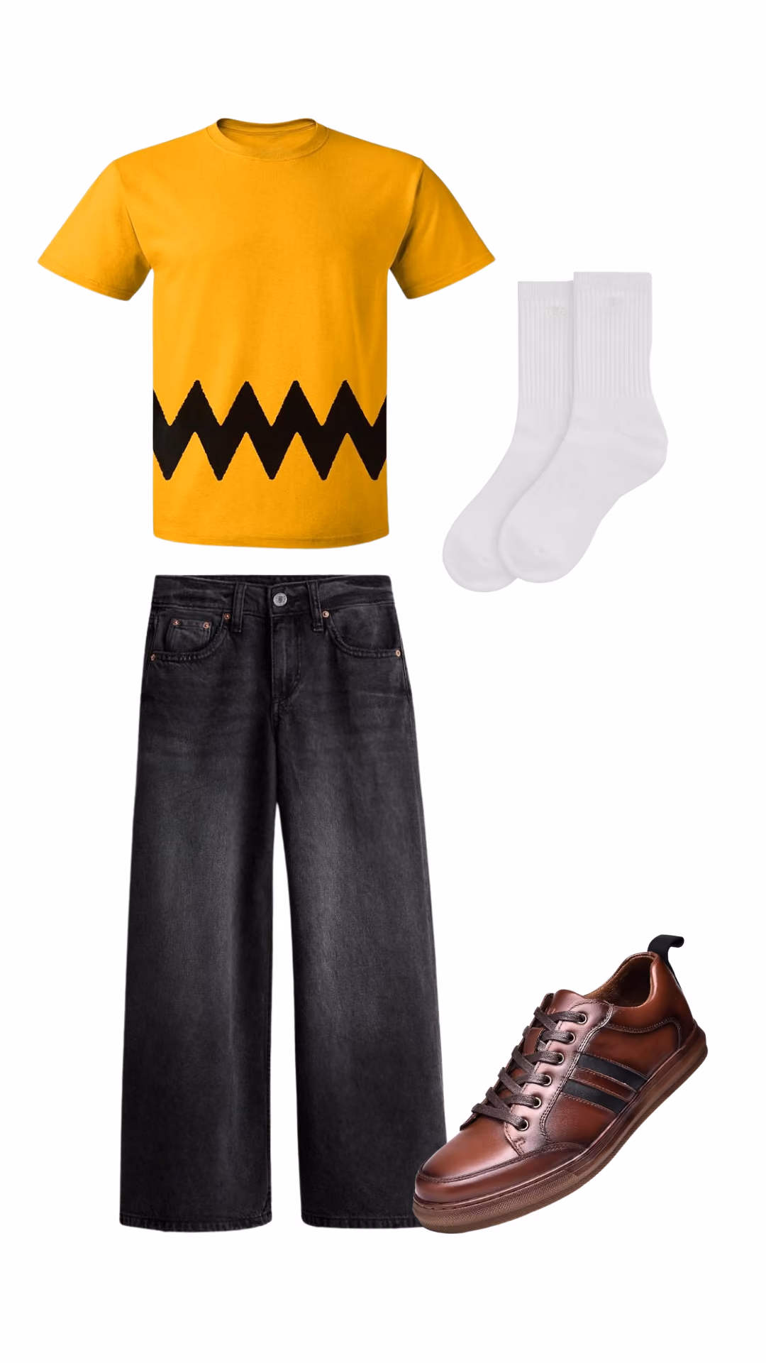 Charlie Brown-inspired Halloween costume for men with yellow zigzag-stripe t-shirt, black wide-leg jeans, white crew socks, and brown lace-up sneakers