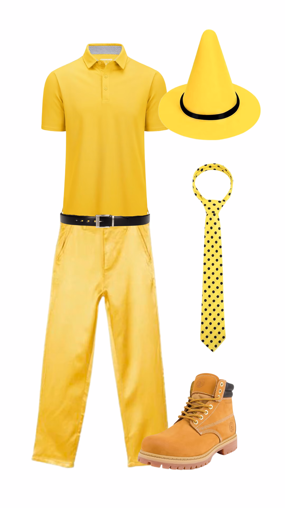 Man in the Yellow Hat (Curious George)-inspired Halloween costume for men with yellow polo shirt, yellow trousers with black belt, yellow polka dot tie, yellow wide-brim explorer hat, and tan work boots