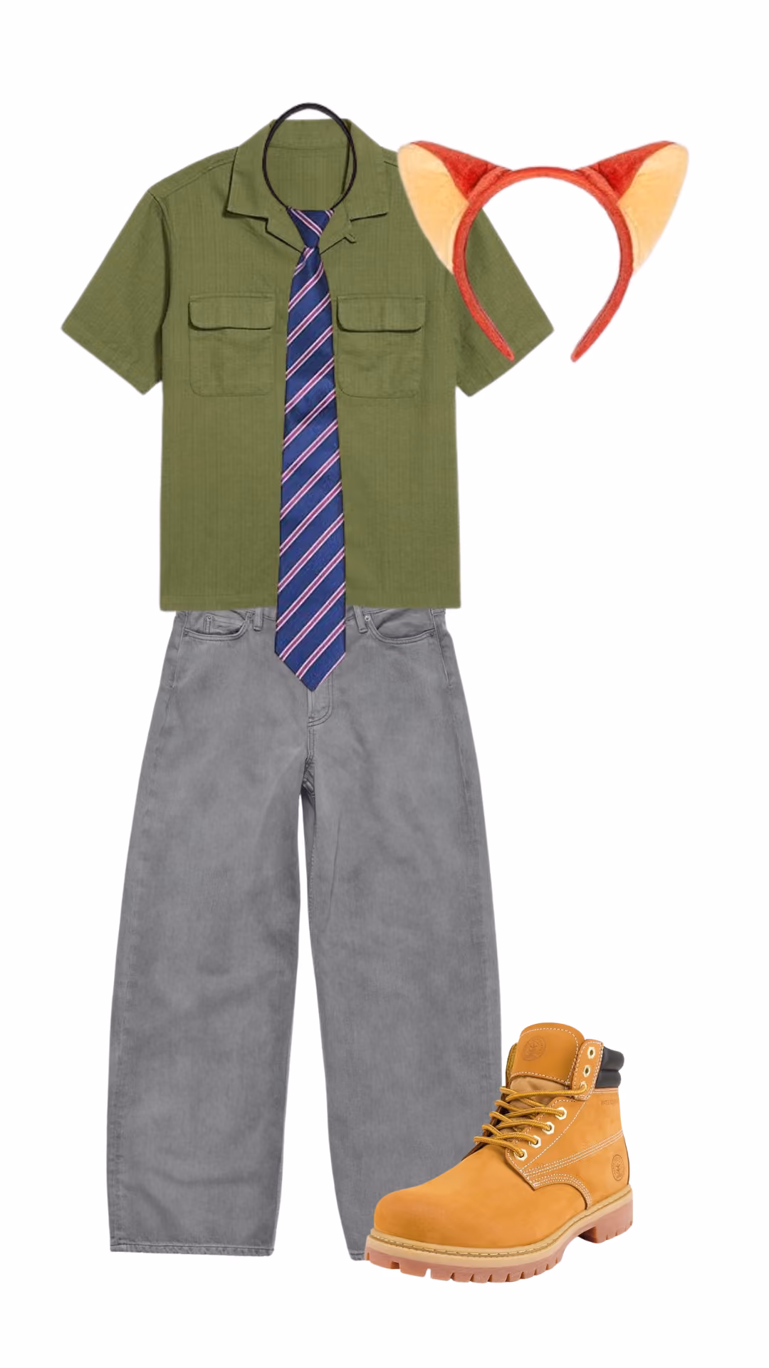 Nick Wilde (Zootopia)-inspired Halloween costume for men with olive green button-up shirt, striped tie, grey wide-leg pants, fox ear headband, and tan work boots